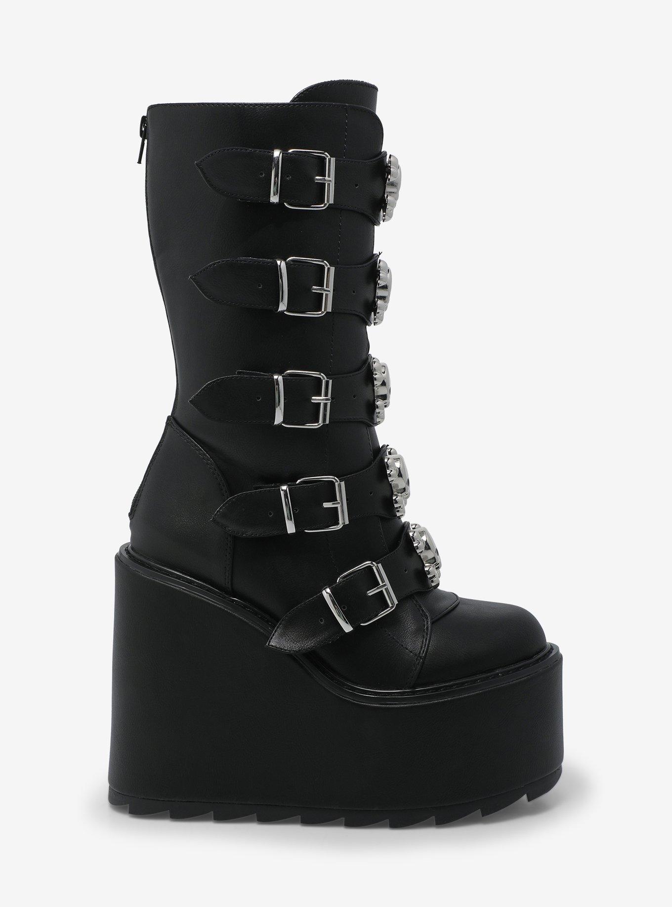 YRU Black & Silver Skull Platform Boots, , hi-res