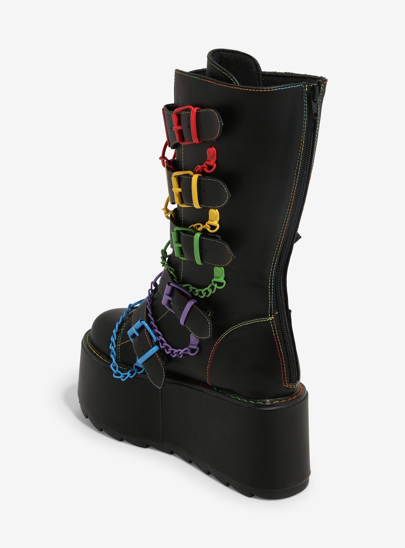 YRU Black Glitch Rainbow Buckle Chain Platform Boots, MULTI, alternate