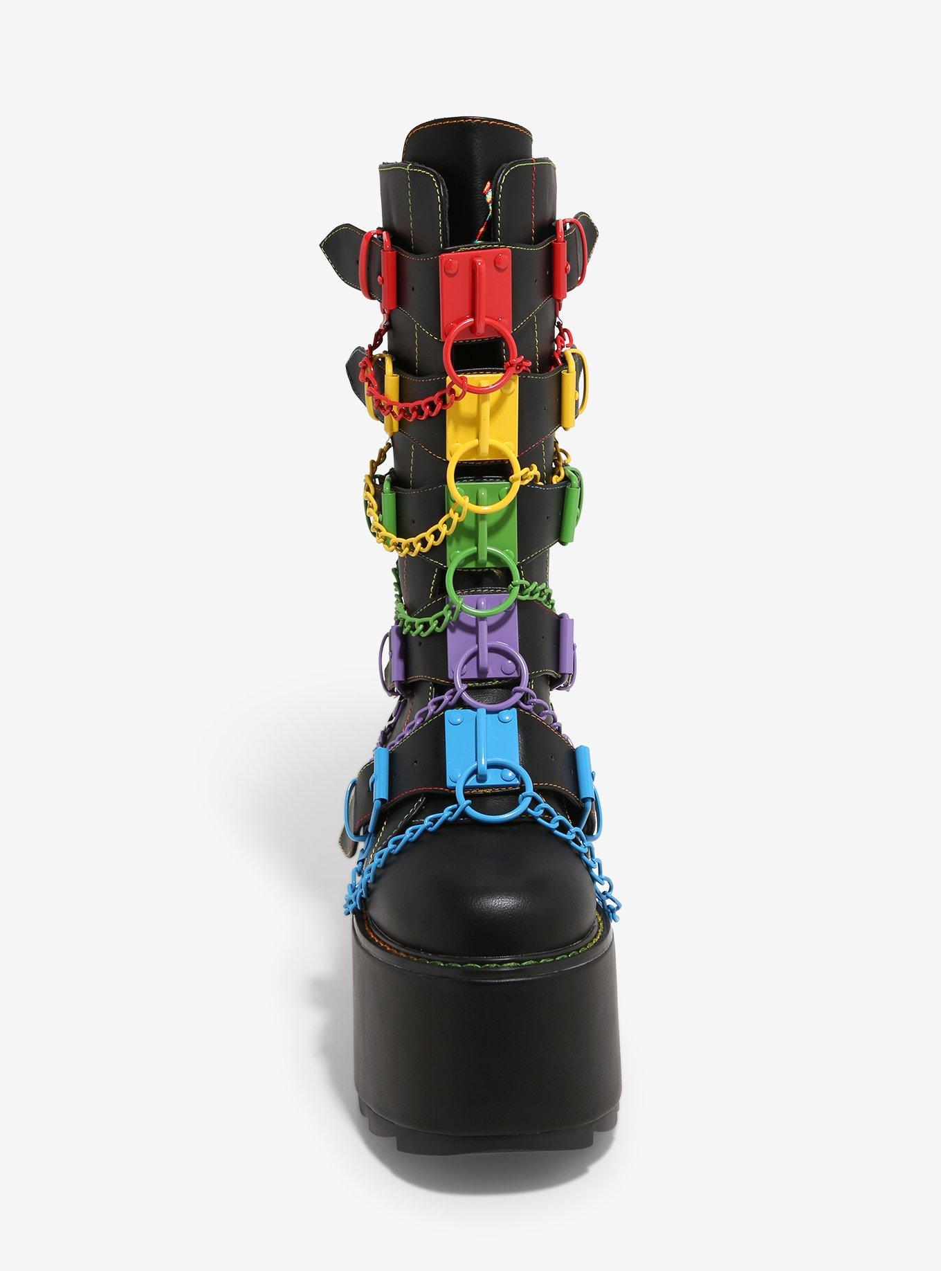 YRU Black Glitch Rainbow Buckle Chain Platform Boots, MULTI, alternate