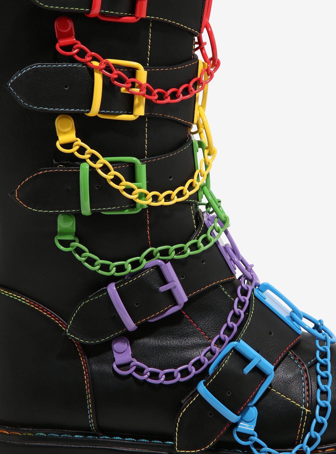 YRU Black Glitch Rainbow Buckle Chain Platform Boots, MULTI, alternate