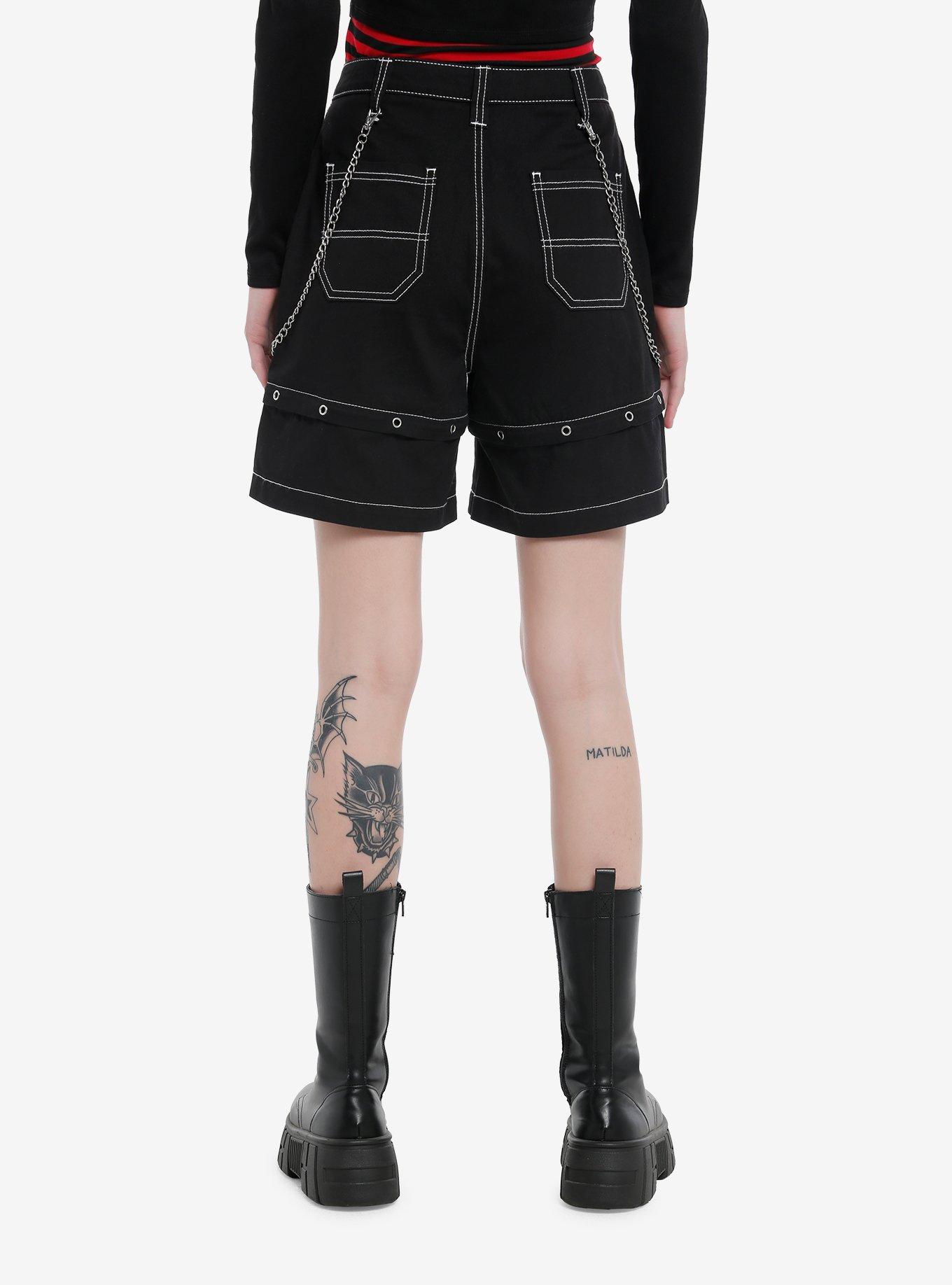 Black Double Chain Girls Carpenter Shorts, BLACK, alternate