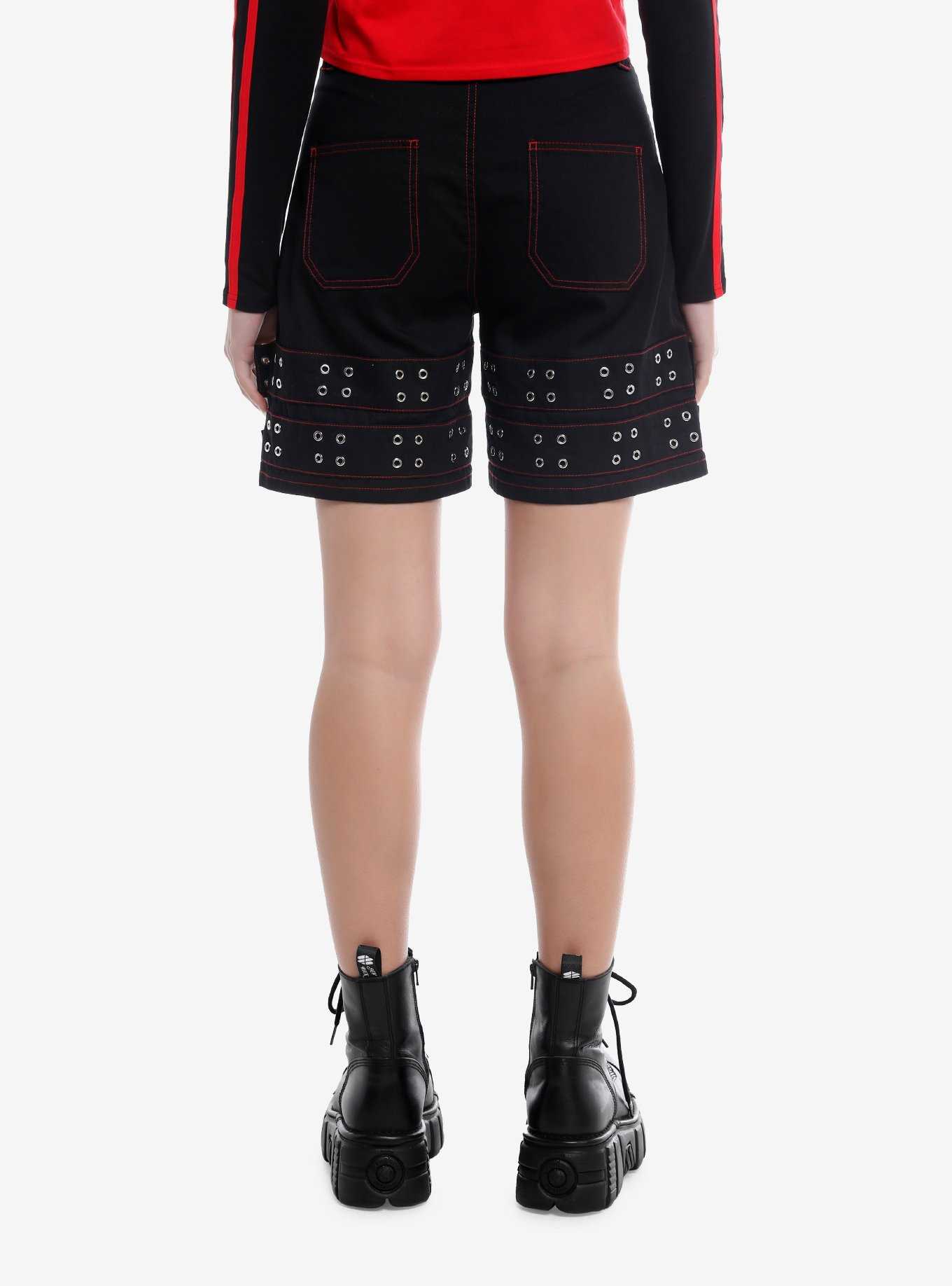 Social Collision® Red Contrast Stitch Grommet Belt Carpenter Shorts, , hi-res