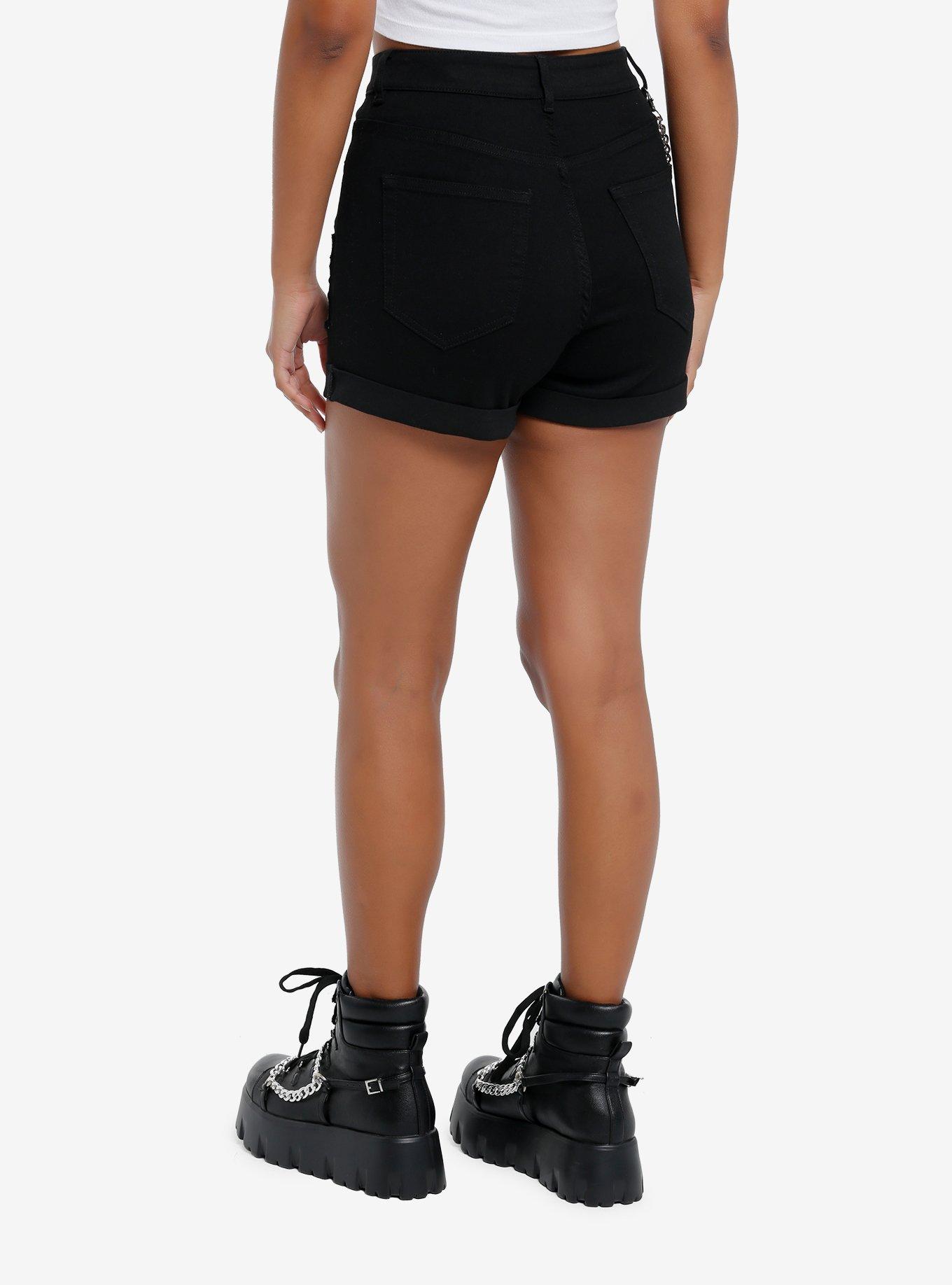 Black Punk Patches Side Chain Shorts, BLACK, alternate