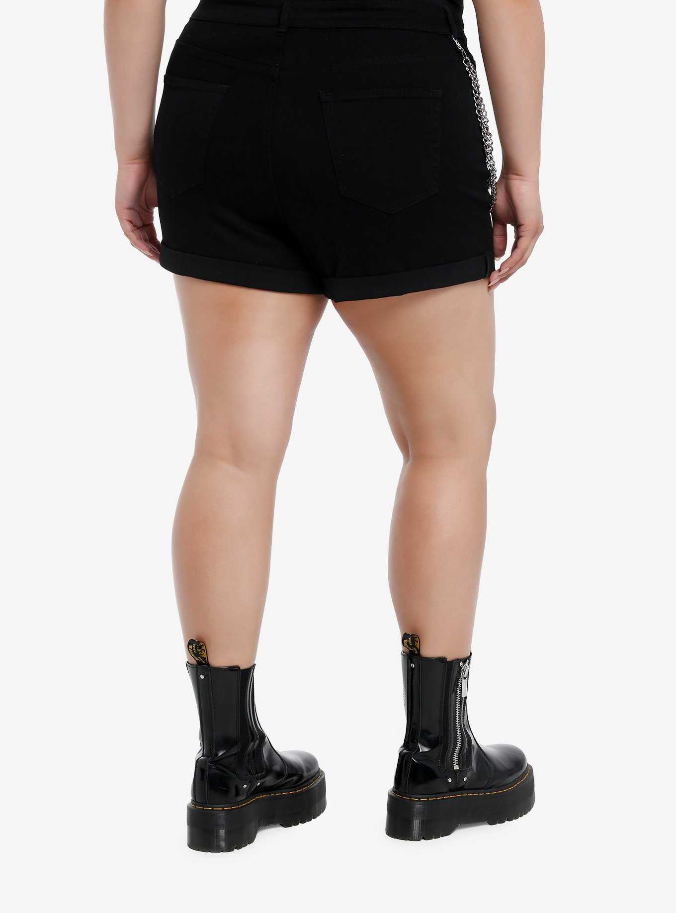 Black Punk Patches Side Chain Shorts Plus Size, , hi-res