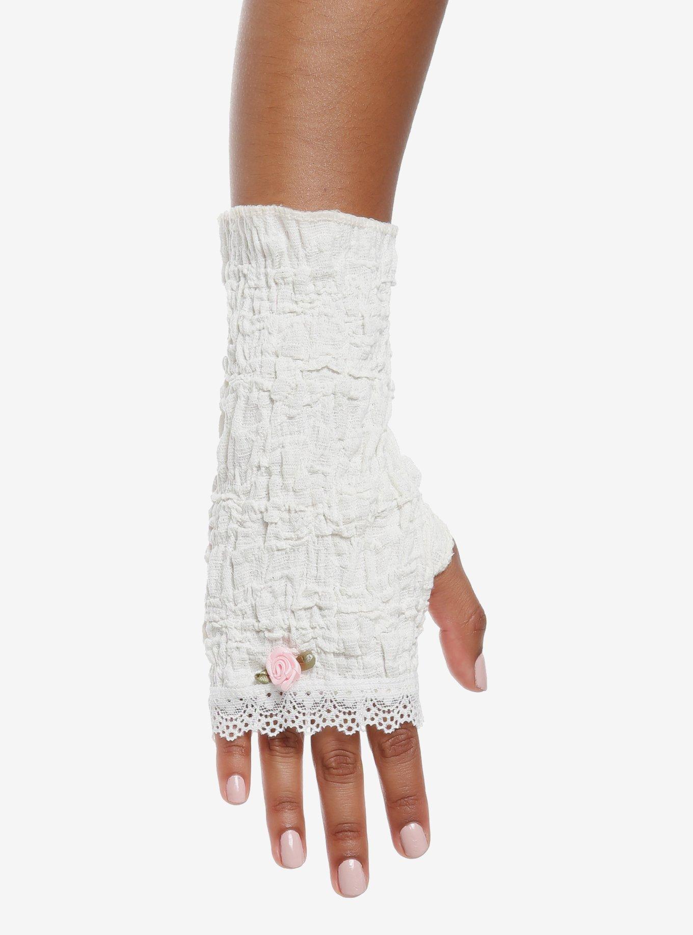 White Shirred Rosette Lace Arm Fingerless Gloves