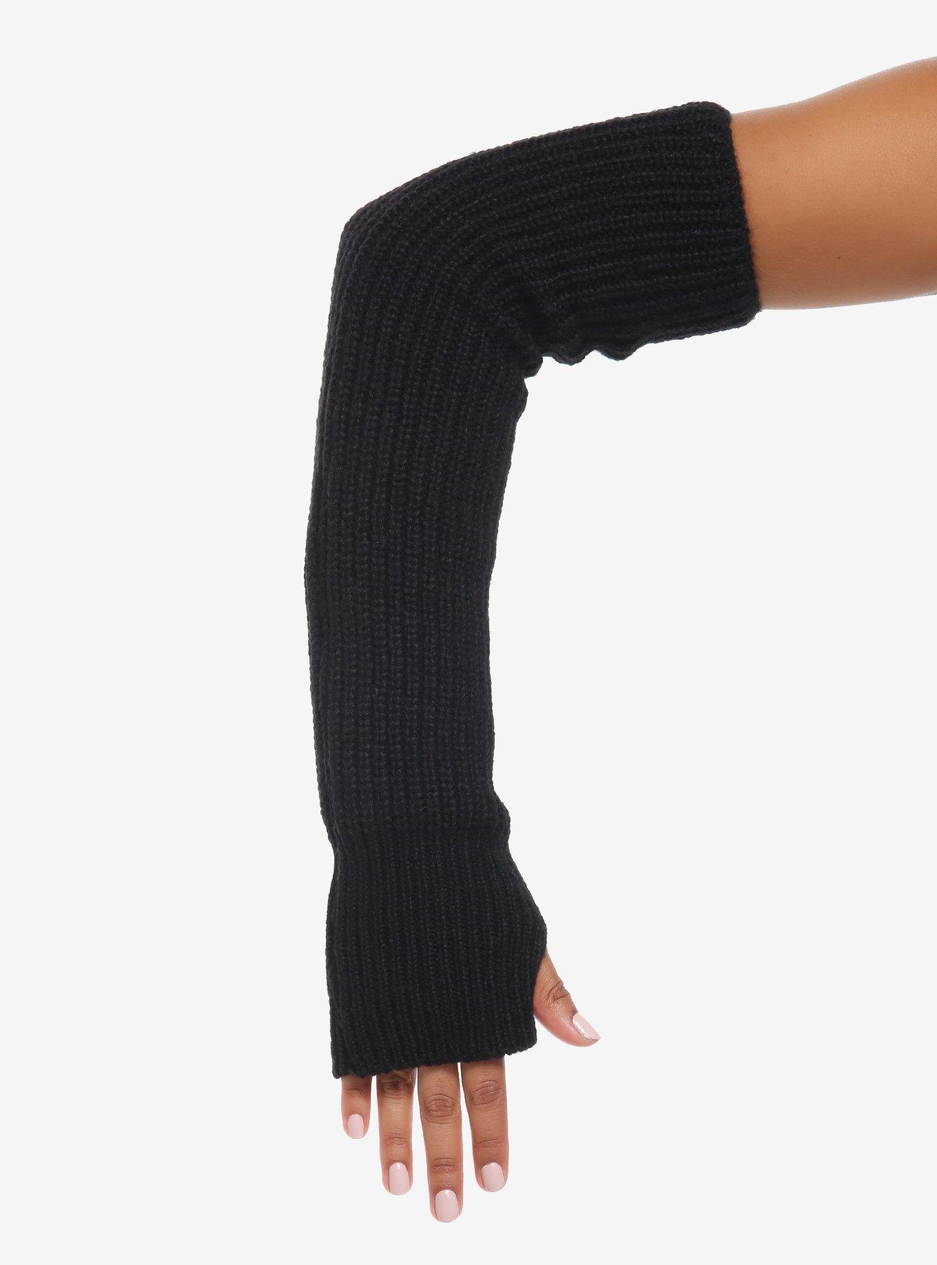 Black Chunky Knit Ribbed Arm Warmers, , alternate