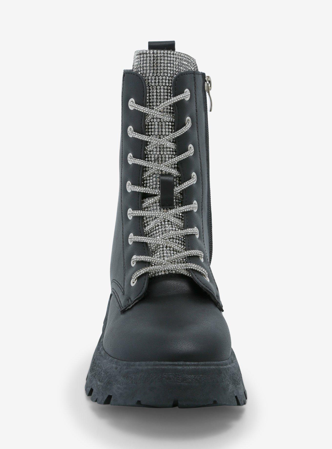 Yoki Black & Silver Bling Platform Combat Boots