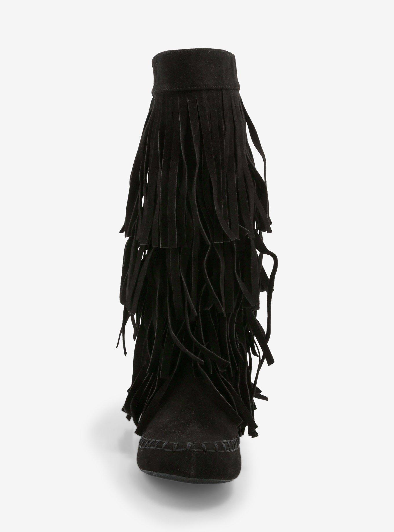 Yoki Black Faux Suede Fringe Boots
