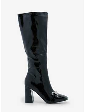 Yoki Shiny Black Buckle Knee-High Heel Boots, , hi-res