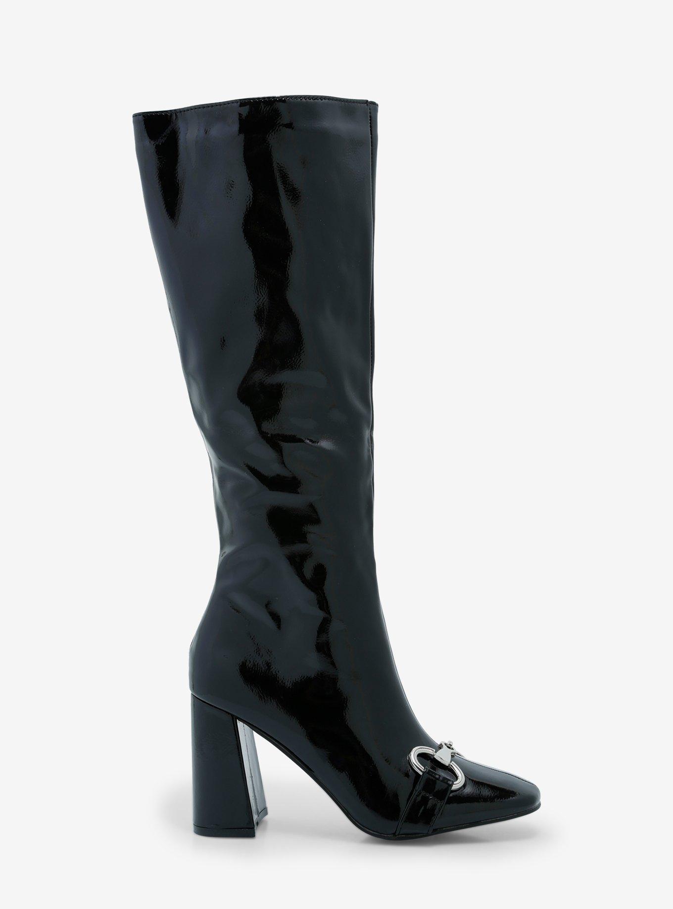 Yoki Shiny Black Buckle Knee-High Heel Boots, , hi-res