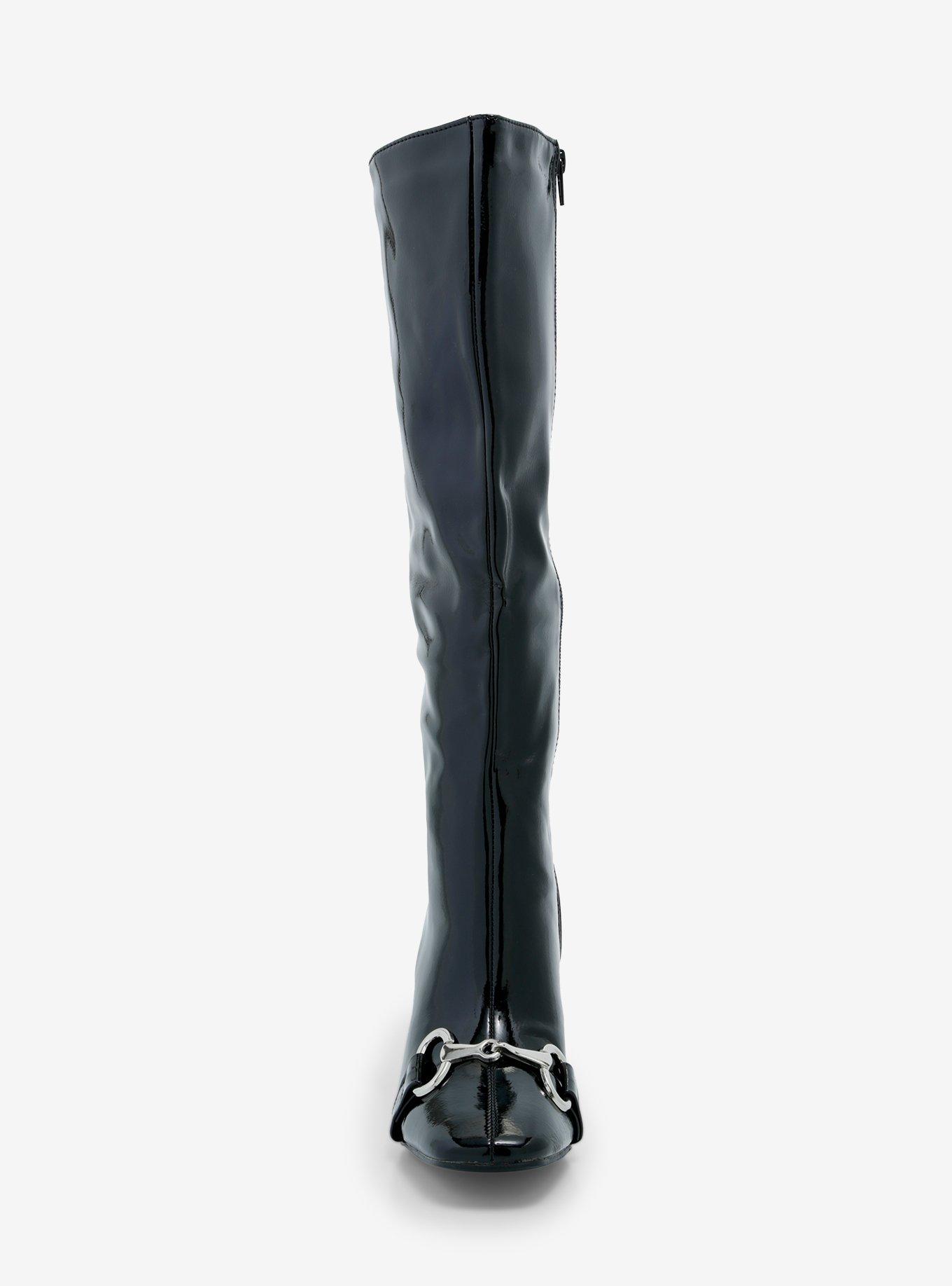 Yoki Shiny Black Buckle Knee-High Heel Boots, MULTI, alternate