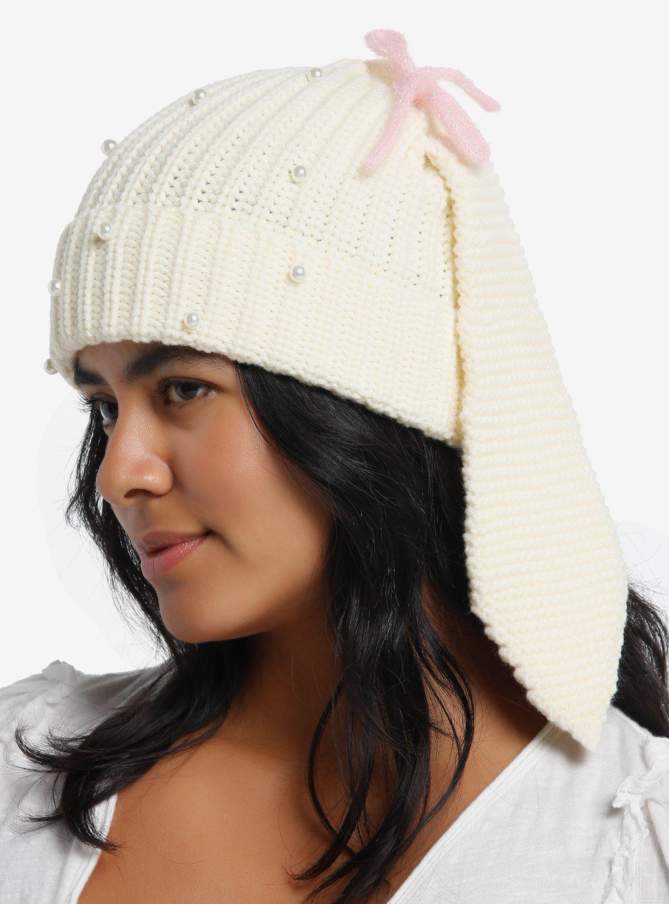 Bunny Ear Pearl Pink Ribbon Beanie