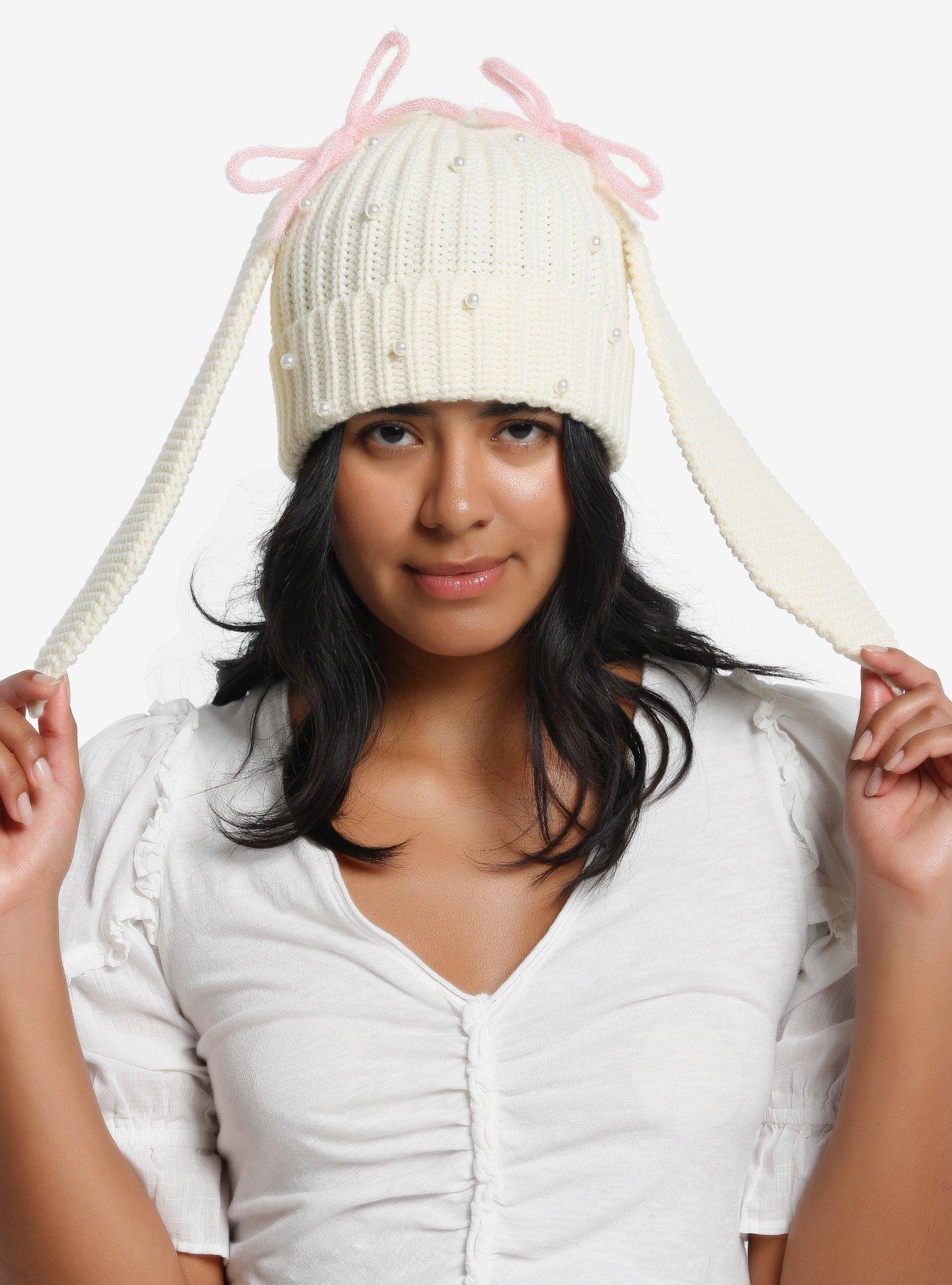 Bunny Ear Pearl Pink Ribbon Beanie, , alternate