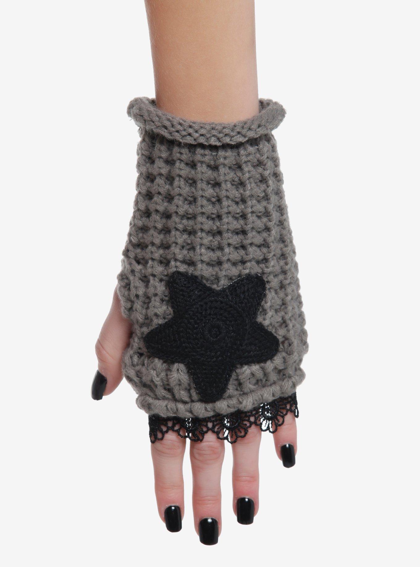 Grey & Black Star Crochet Fingerless Gloves, , hi-res