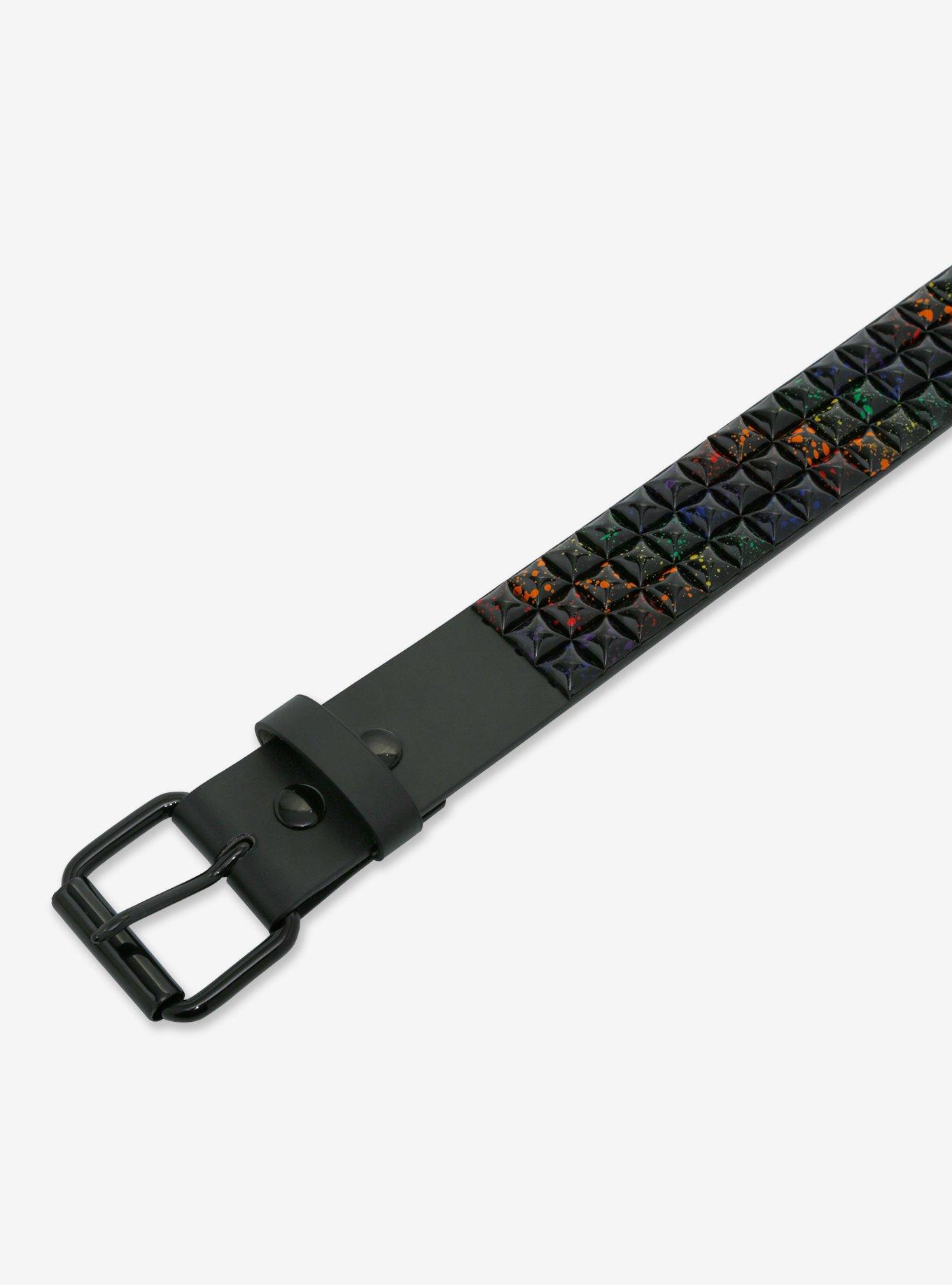Rainbow Splatter Black Pyramid Stud Belt, , hi-res