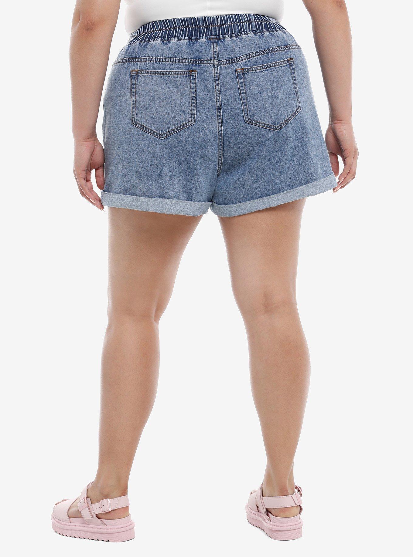 Keroppi Face Elastic High-Waisted Denim Shorts Plus Size, MULTI, alternate