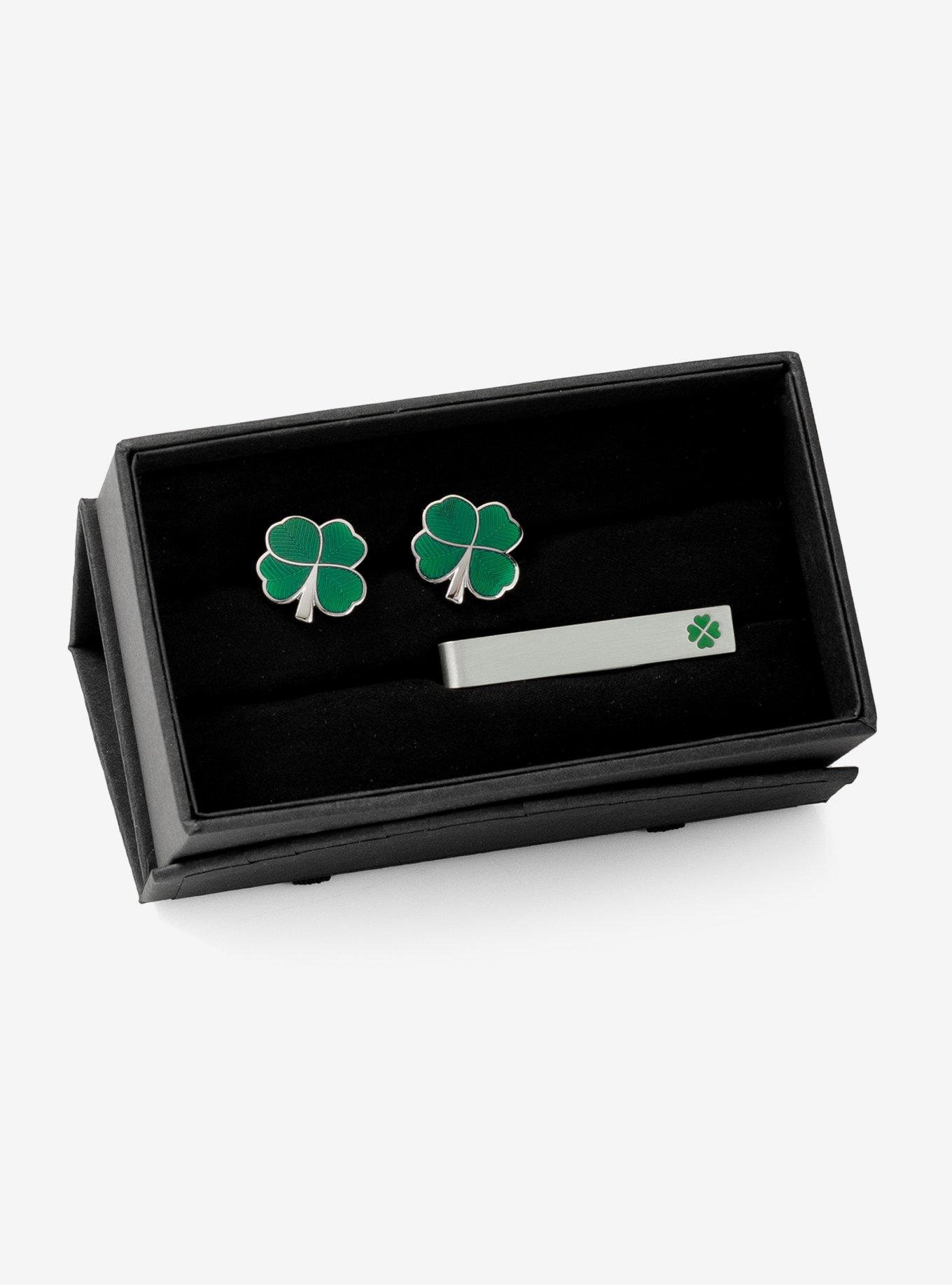 Green Clover Cufflinks and Tie Bar Set