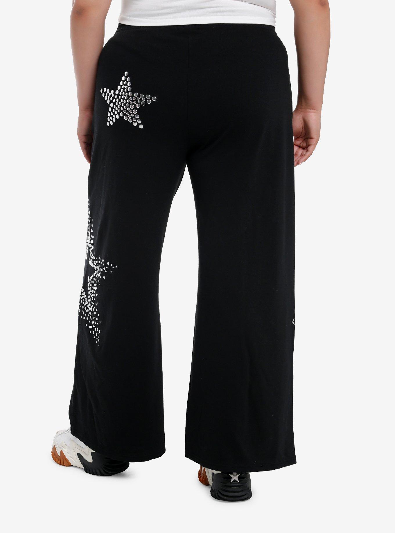Black Studded Stars Wide Leg Girls Lounge Pants Plus Size, , hi-res