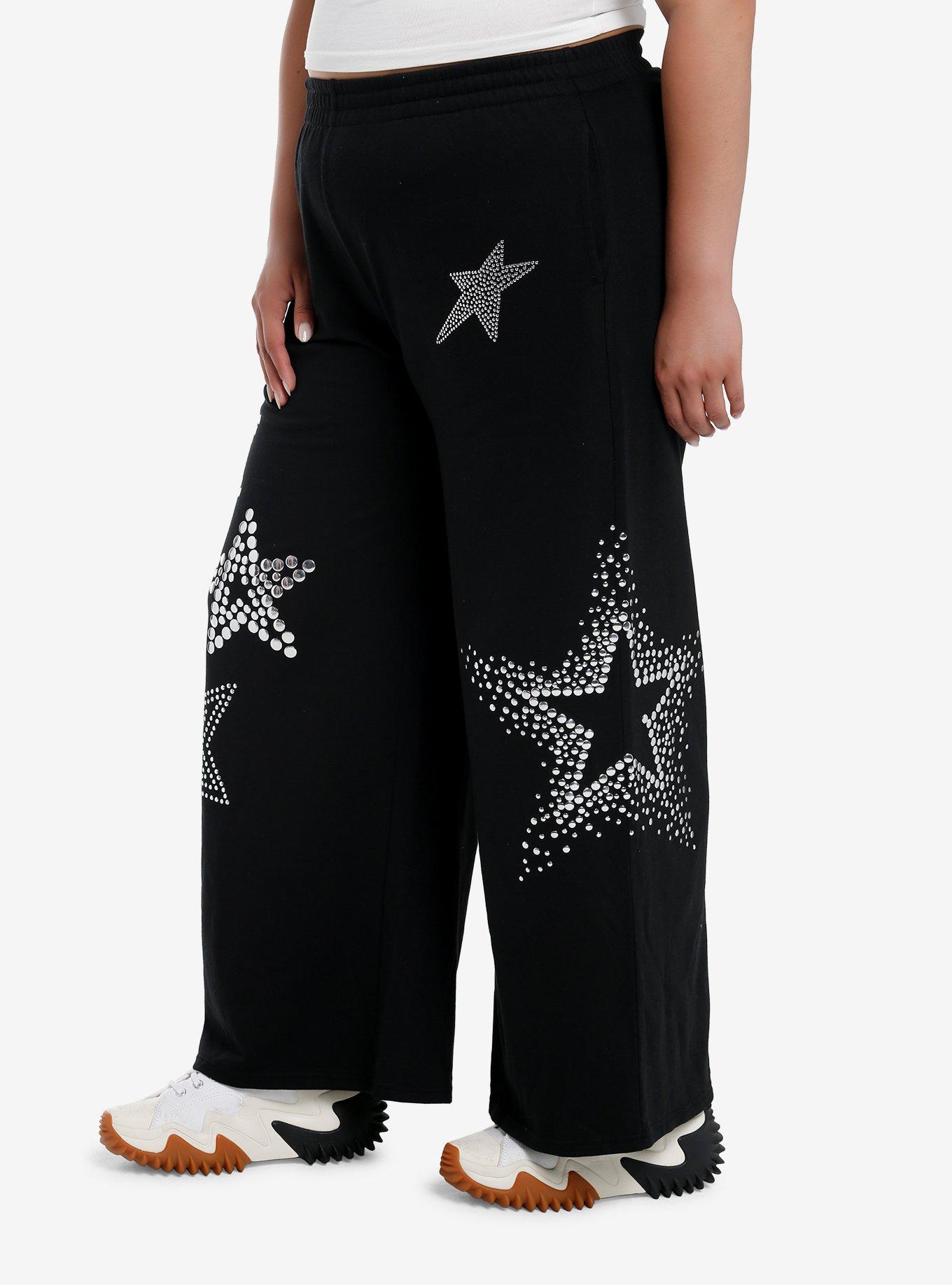 Black Studded Stars Wide Leg Girls Lounge Pants Plus Size, BLACK, alternate