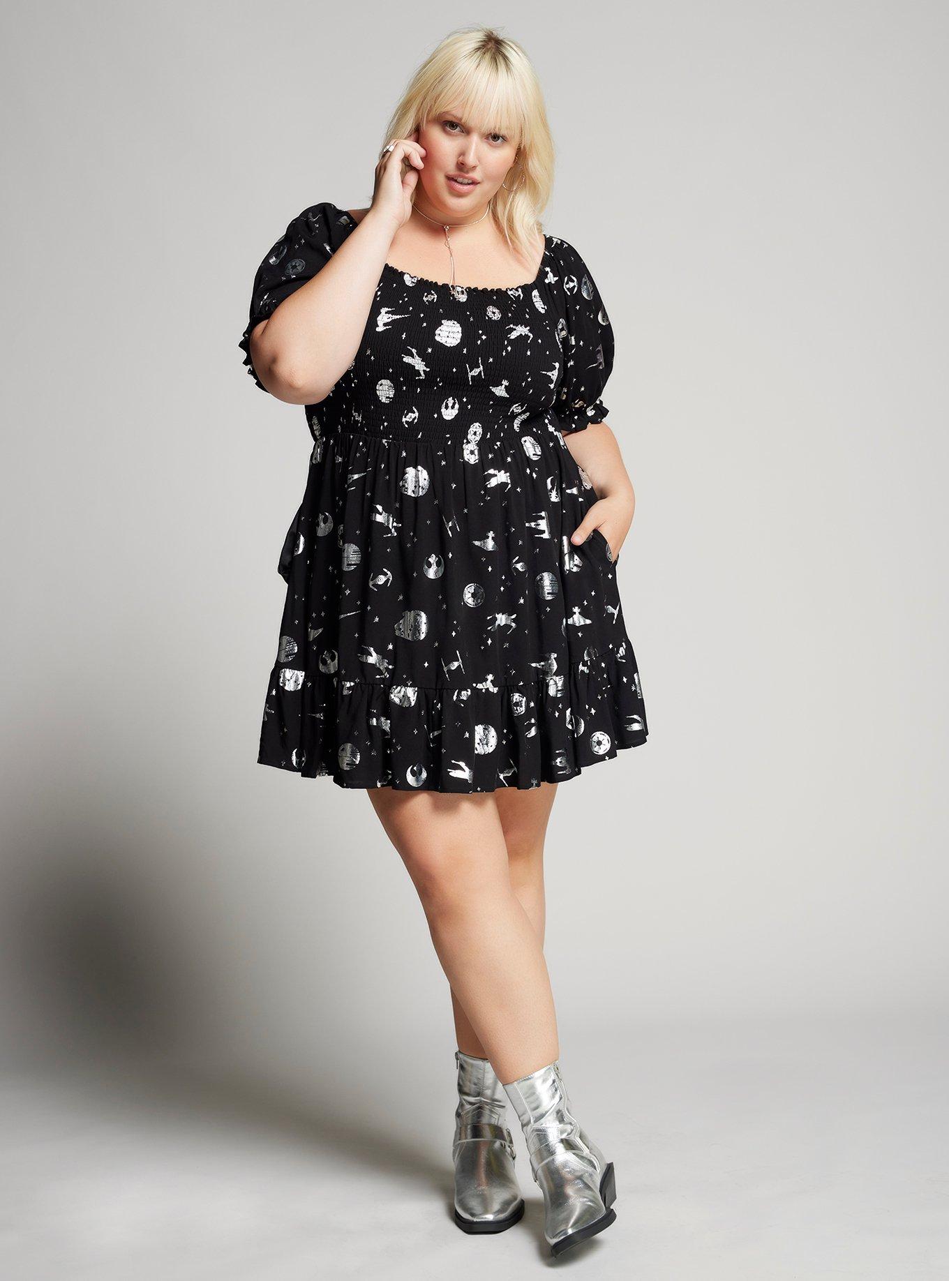 Her Universe Star Wars Silver Icons Allover Print Plus Size Smock Dress, BLACK  WHITE, alternate