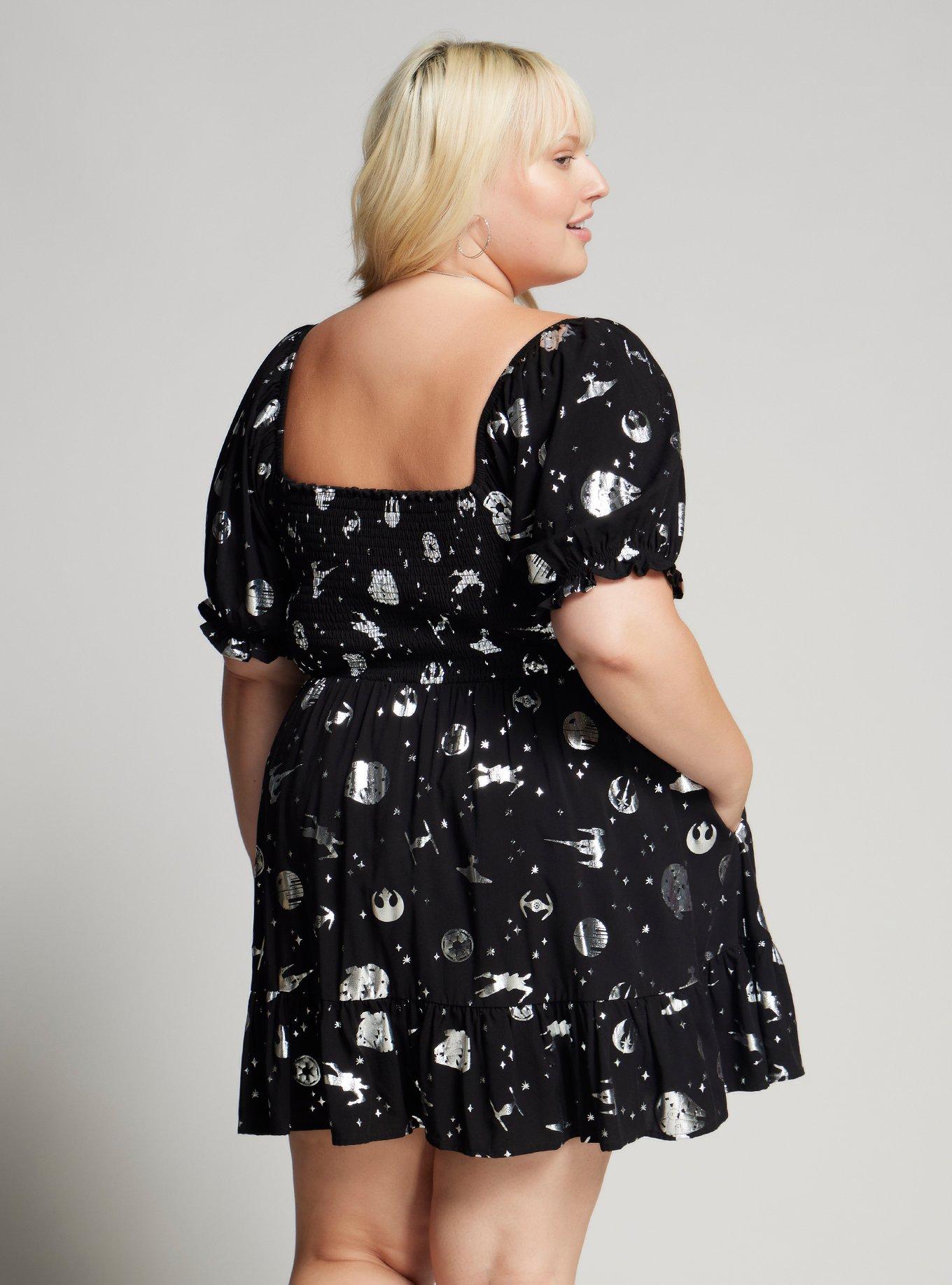 Her Universe Star Wars Silver Icons Allover Print Plus Size Smock Dress, BLACK  WHITE, alternate