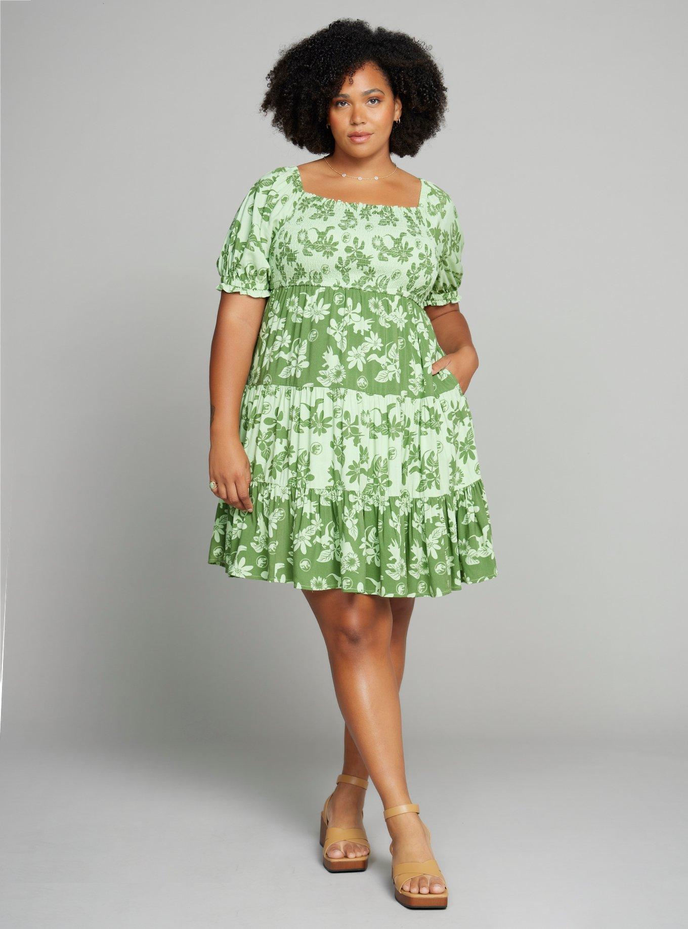 Jurassic Park Floral Dinosaur Allover Print Plus Size Smock Dress, GREEN, alternate