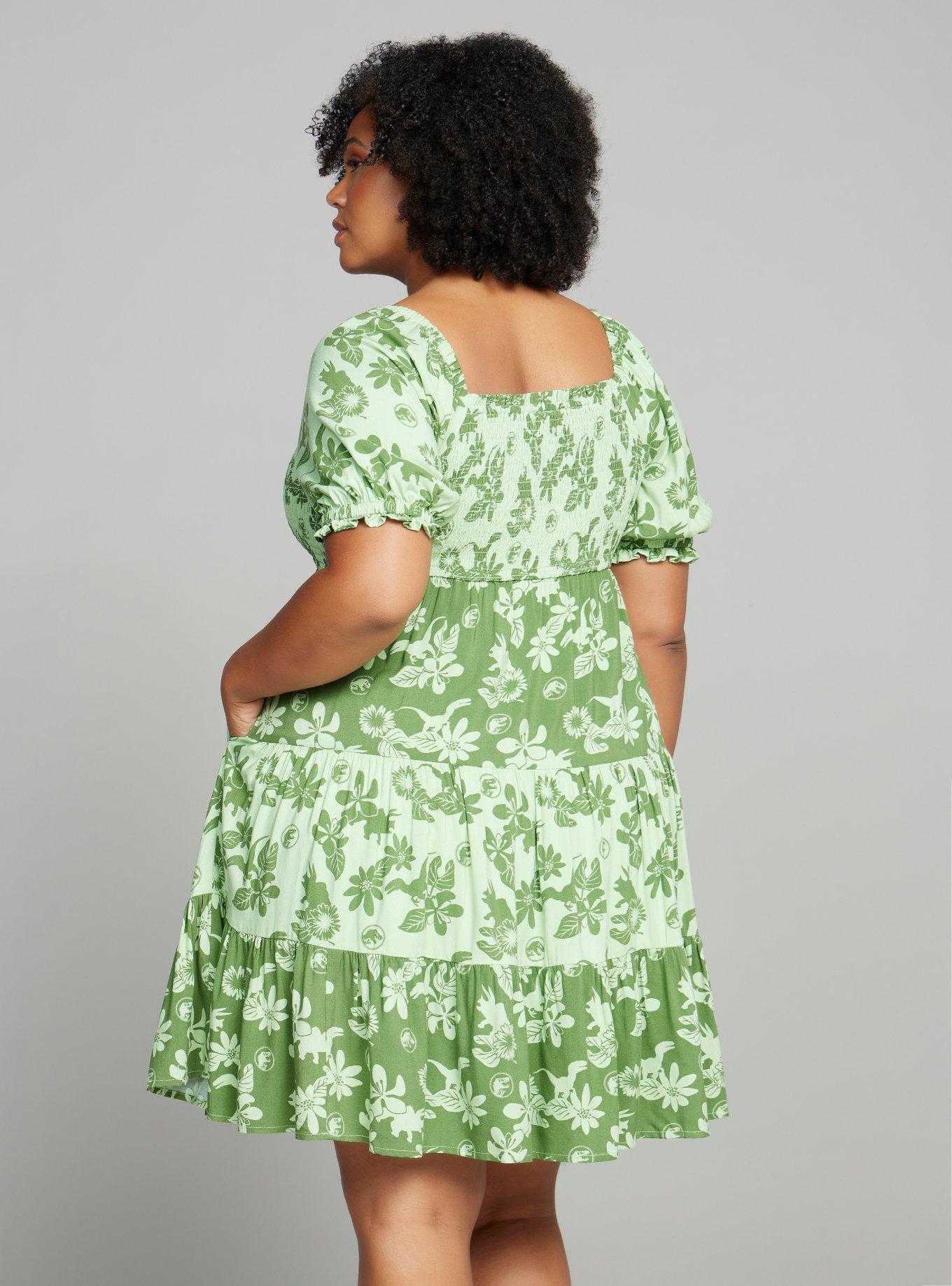 Jurassic Park Floral Dinosaur Allover Print Plus Size Smock Dress, GREEN, alternate
