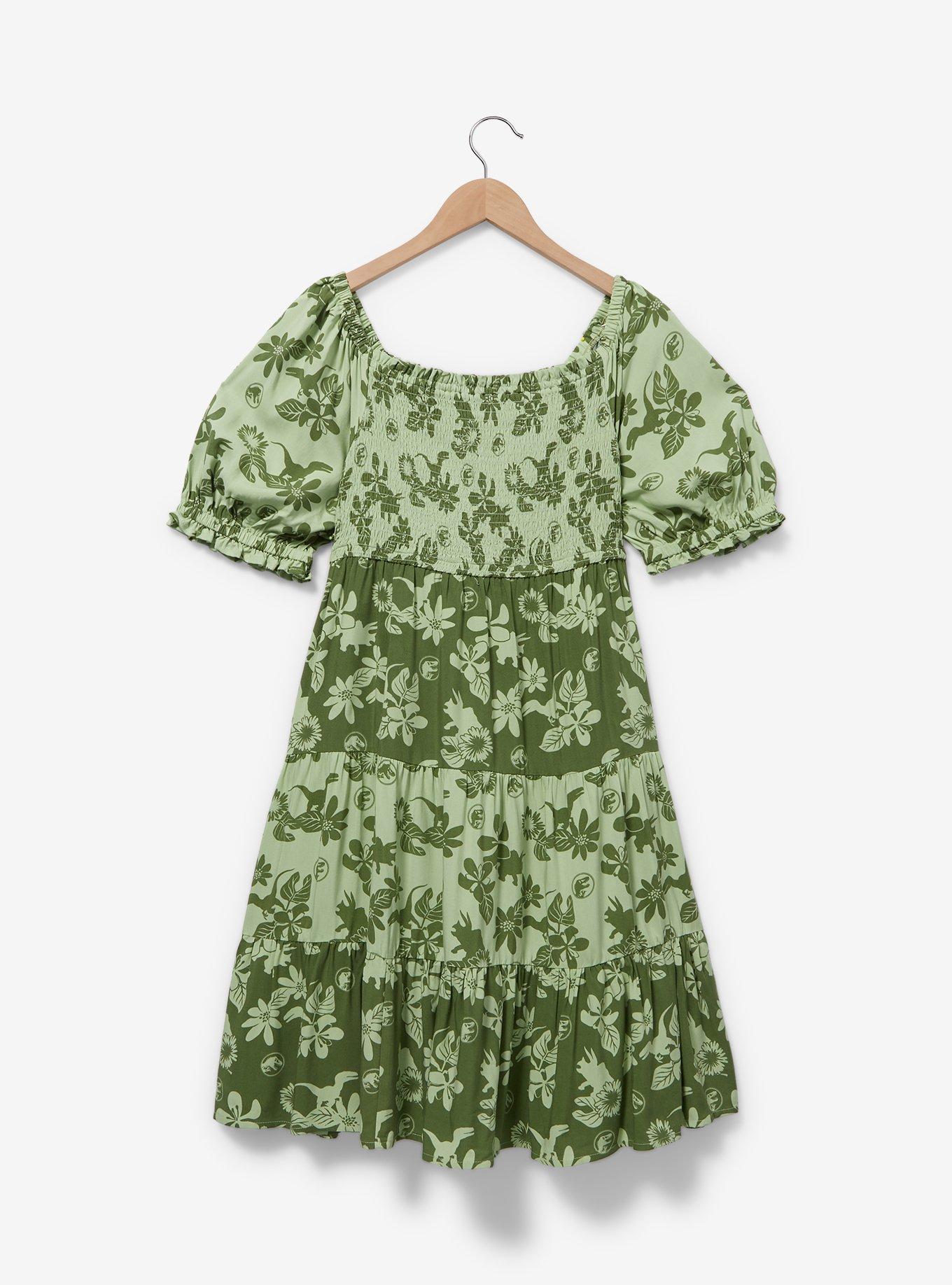 Jurassic Park Floral Dinosaur Allover Print Plus Size Smock Dress, GREEN, alternate