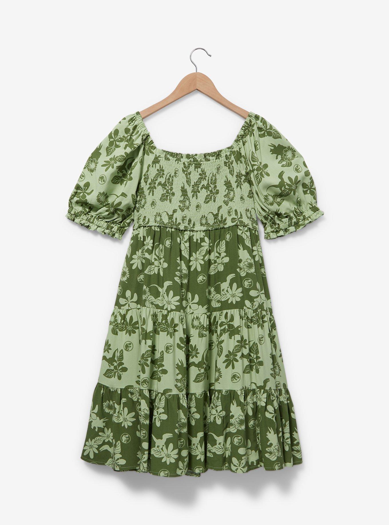 Jurassic Park Floral Dinosaur Allover Print Plus Size Smock Dress, GREEN, alternate