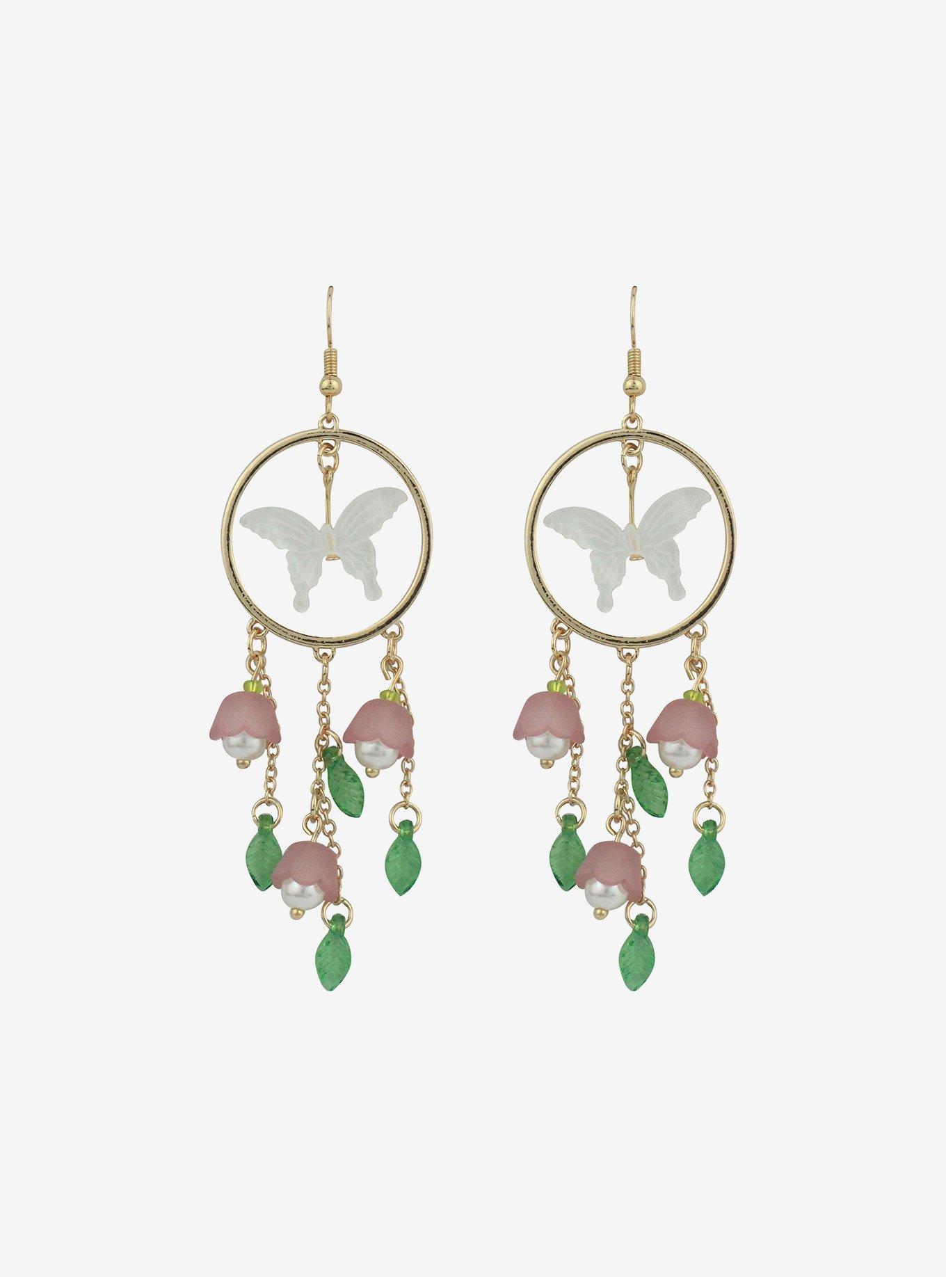 Thorn & Fable Butterfly Flower Hoop Drop Earrings, , alternate