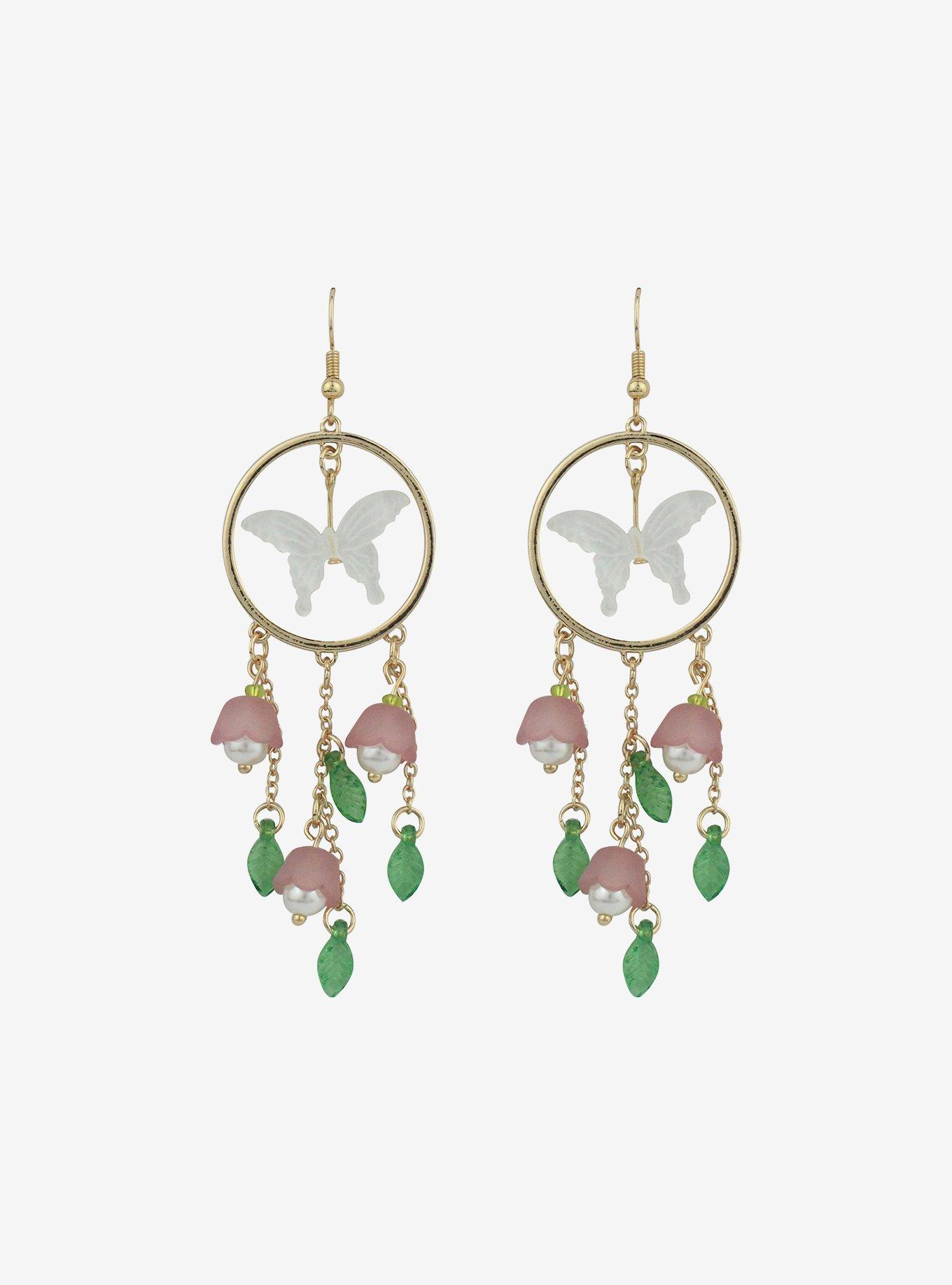 Thorn & Fable Butterfly Flower Hoop Drop Earrings, , hi-res