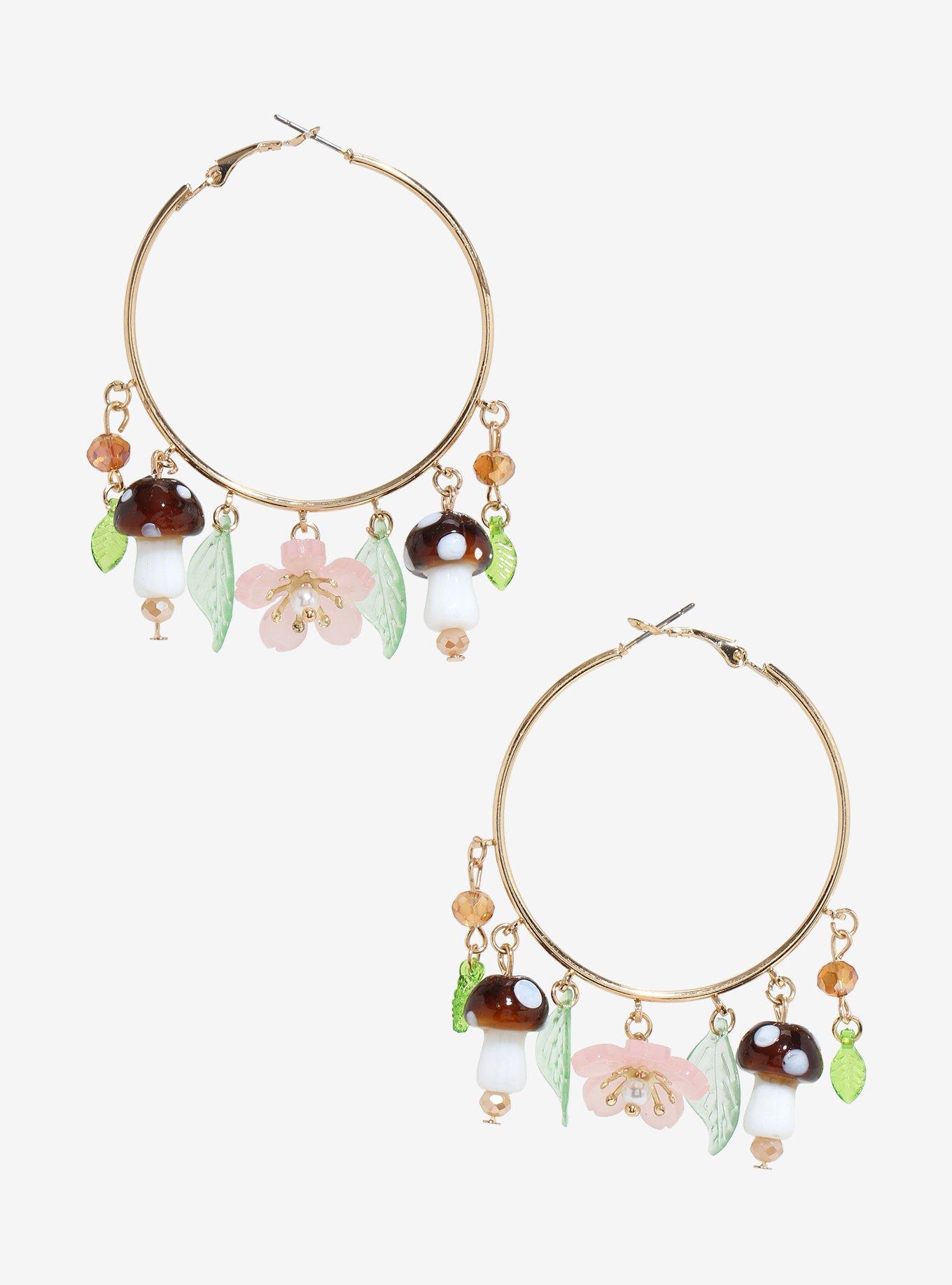 Thorn & Fable Sakura Mushroom Charm Hoop Earrings, , alternate