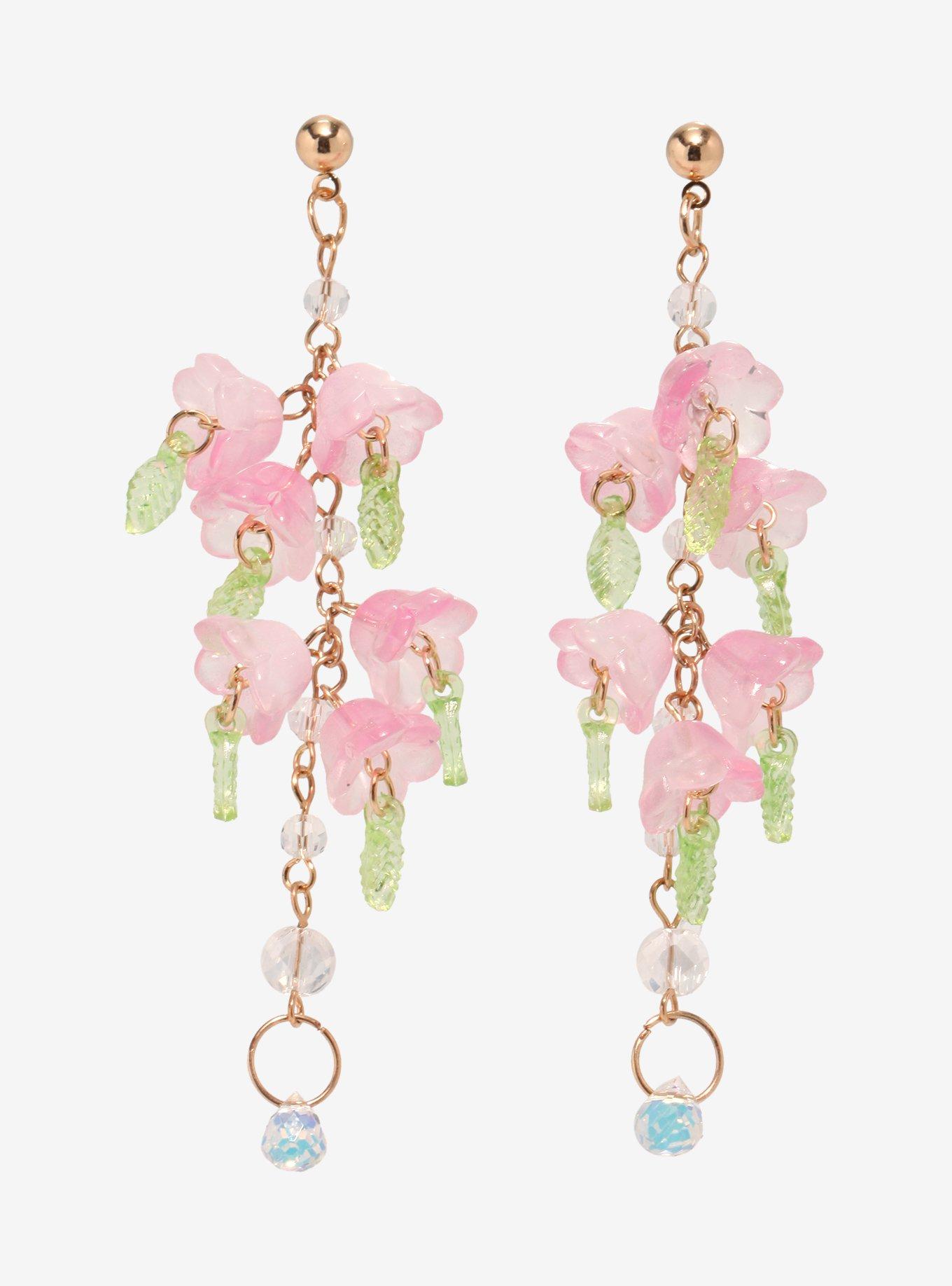 Thorn & Fable Pink Flower Crystal Drop Earrings, , hi-res