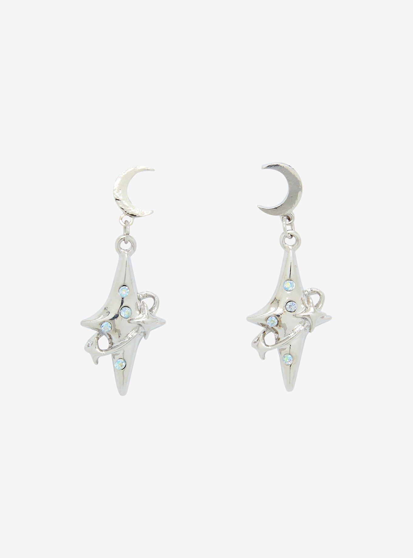Social Collision Moon Rhinestone Star Earrings, , hi-res