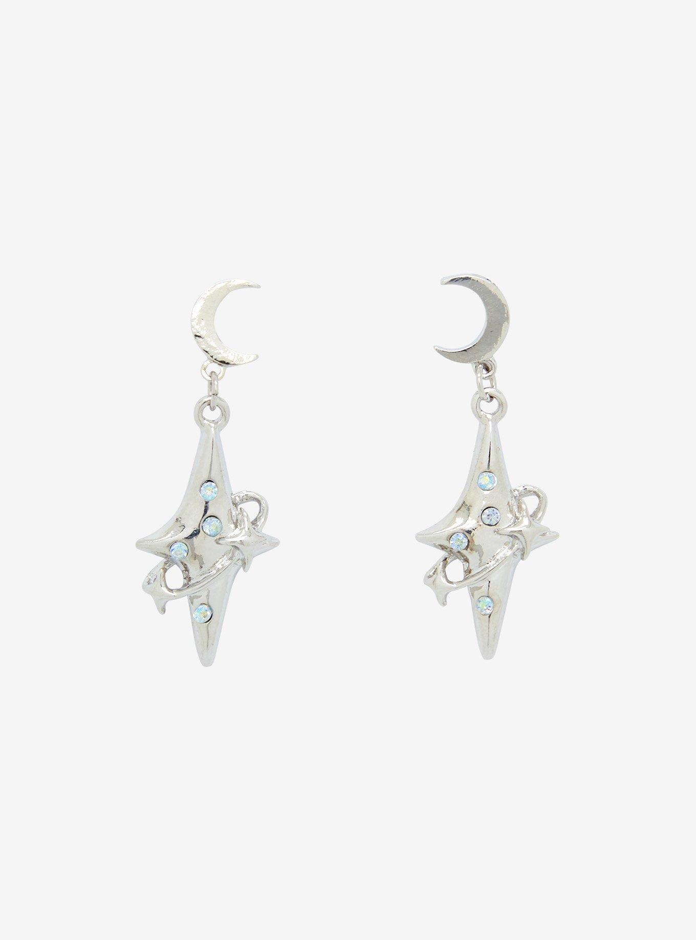 Social Collision Moon Rhinestone Star Earrings, , alternate