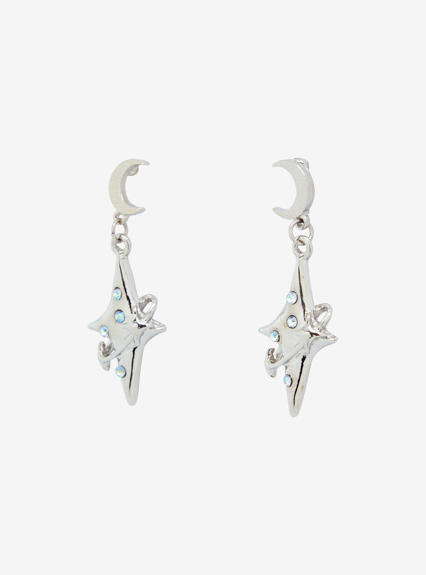 Social Collision Moon Rhinestone Star Earrings, , alternate