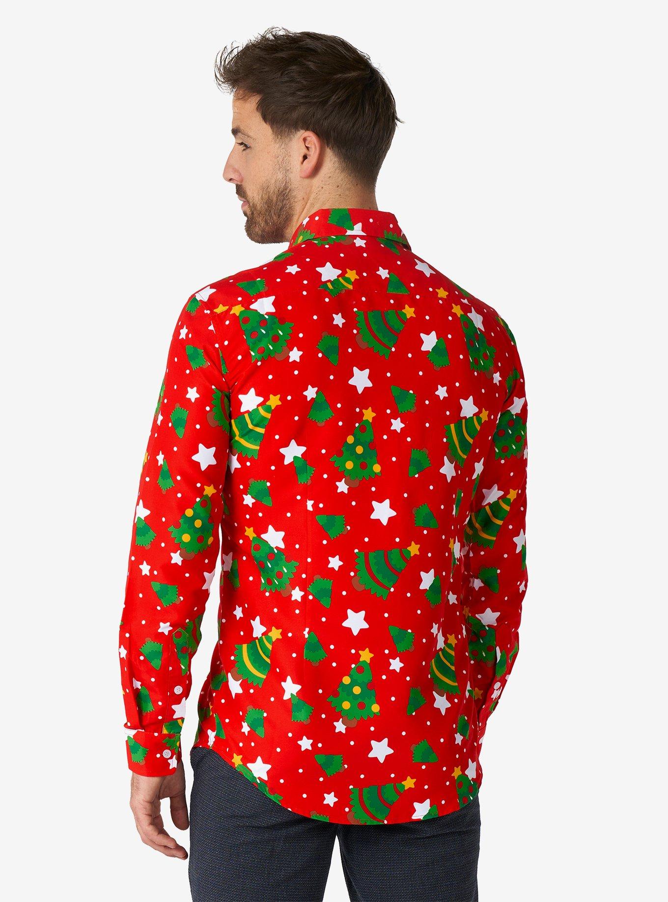 Christmas Trees Stars Red Long Sleeve Button-Up Shirt, RED, alternate