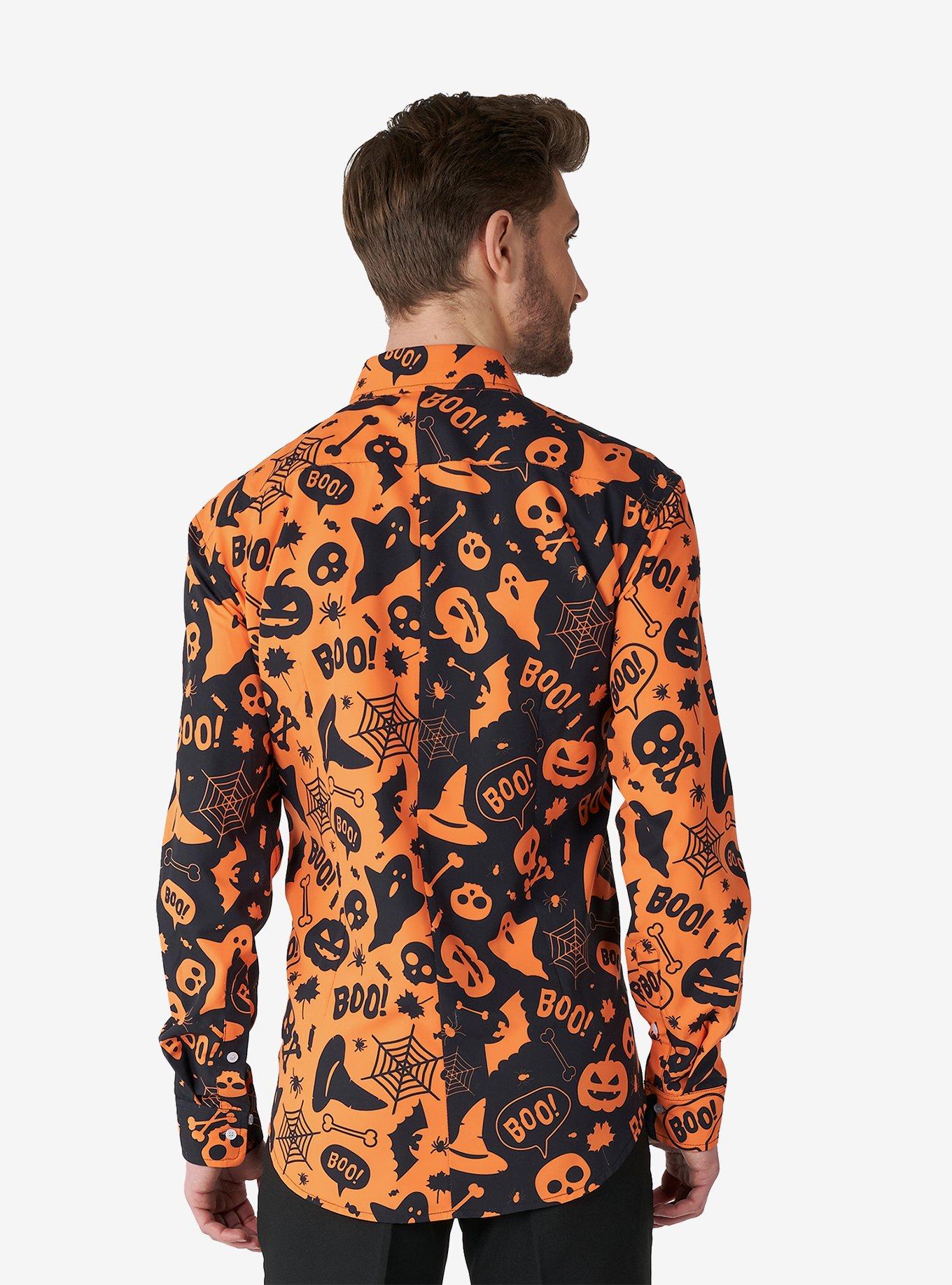 Halloween Icons Long Sleeve Button-Up Shirt, ORANGE, alternate
