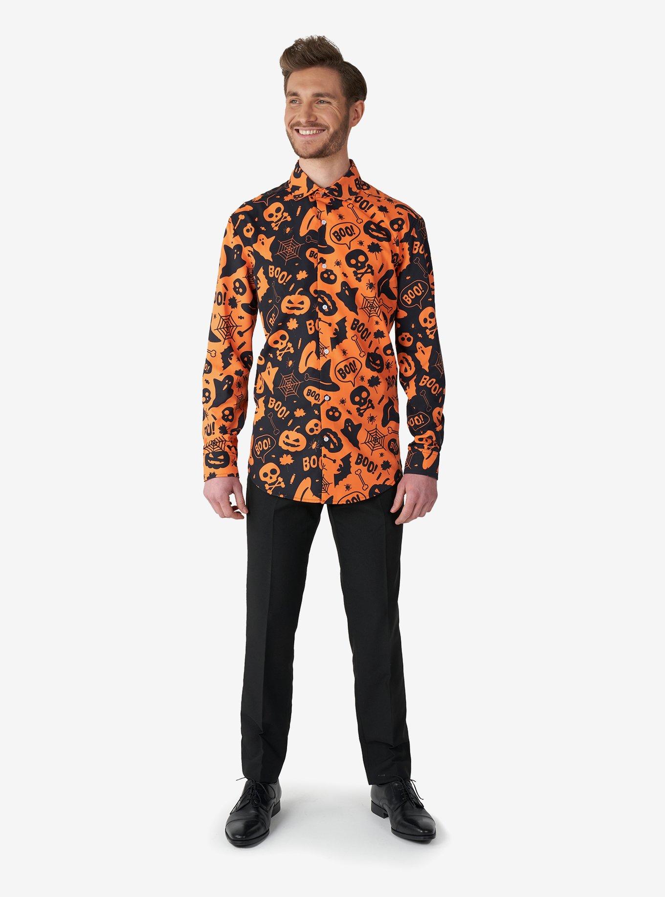 Halloween Icons Long Sleeve Button-Up Shirt, ORANGE, alternate