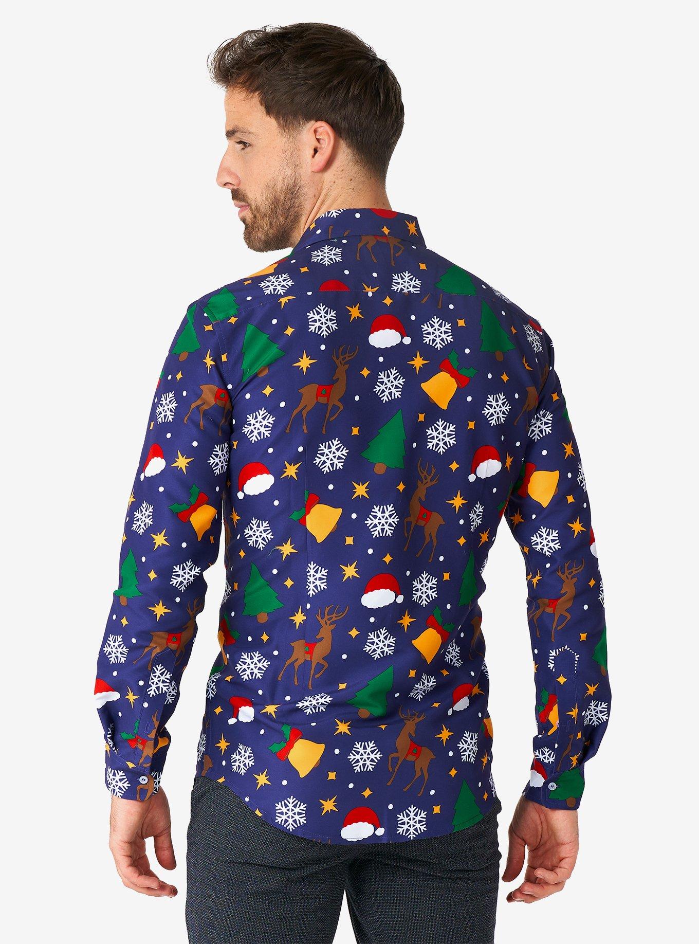 Christmas Icons Blue Long Sleeve Button-Up Shirt, BLUE, alternate