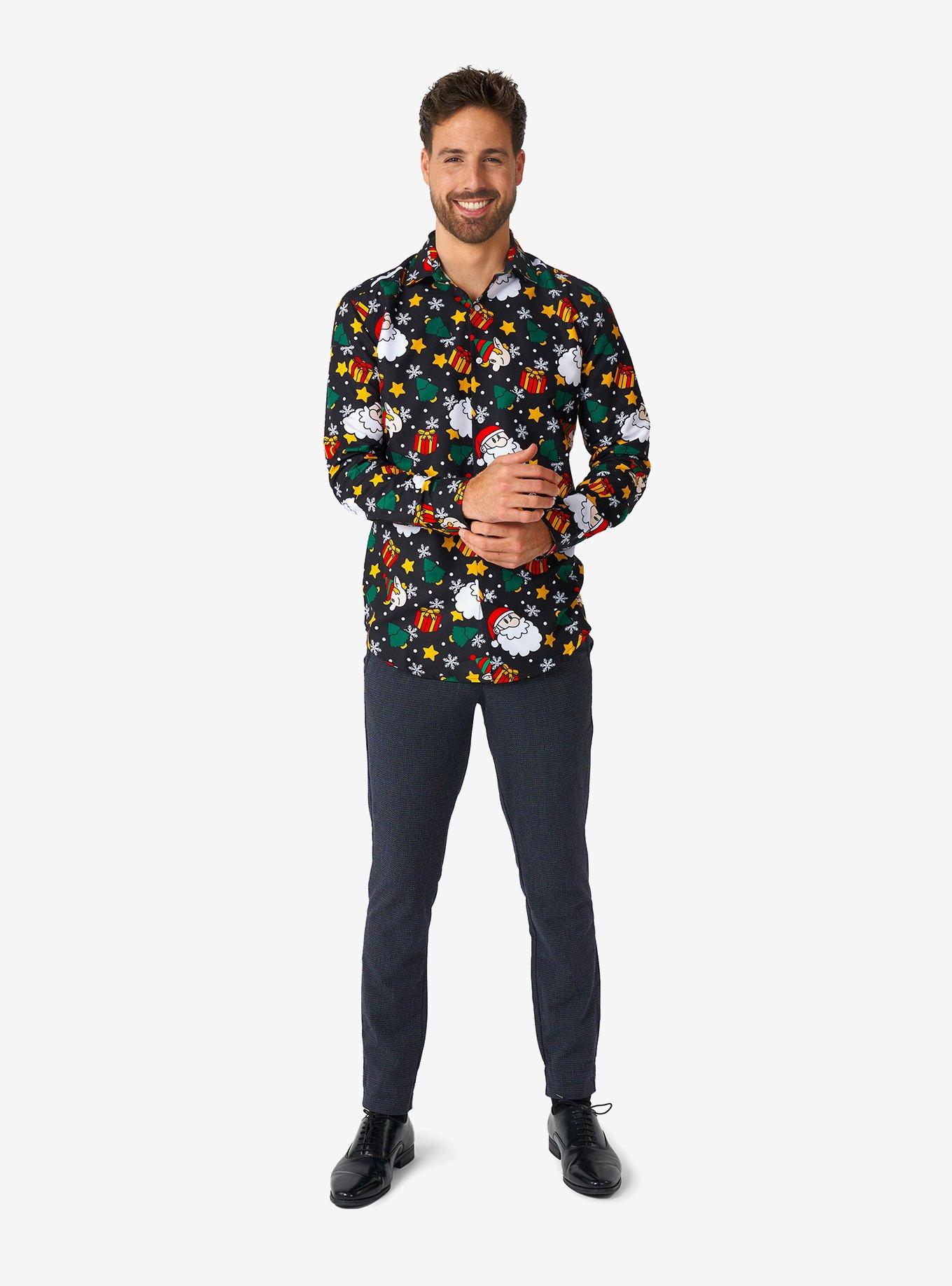 Santa Elves Black Long Sleeve Button-Up Shirt, , hi-res