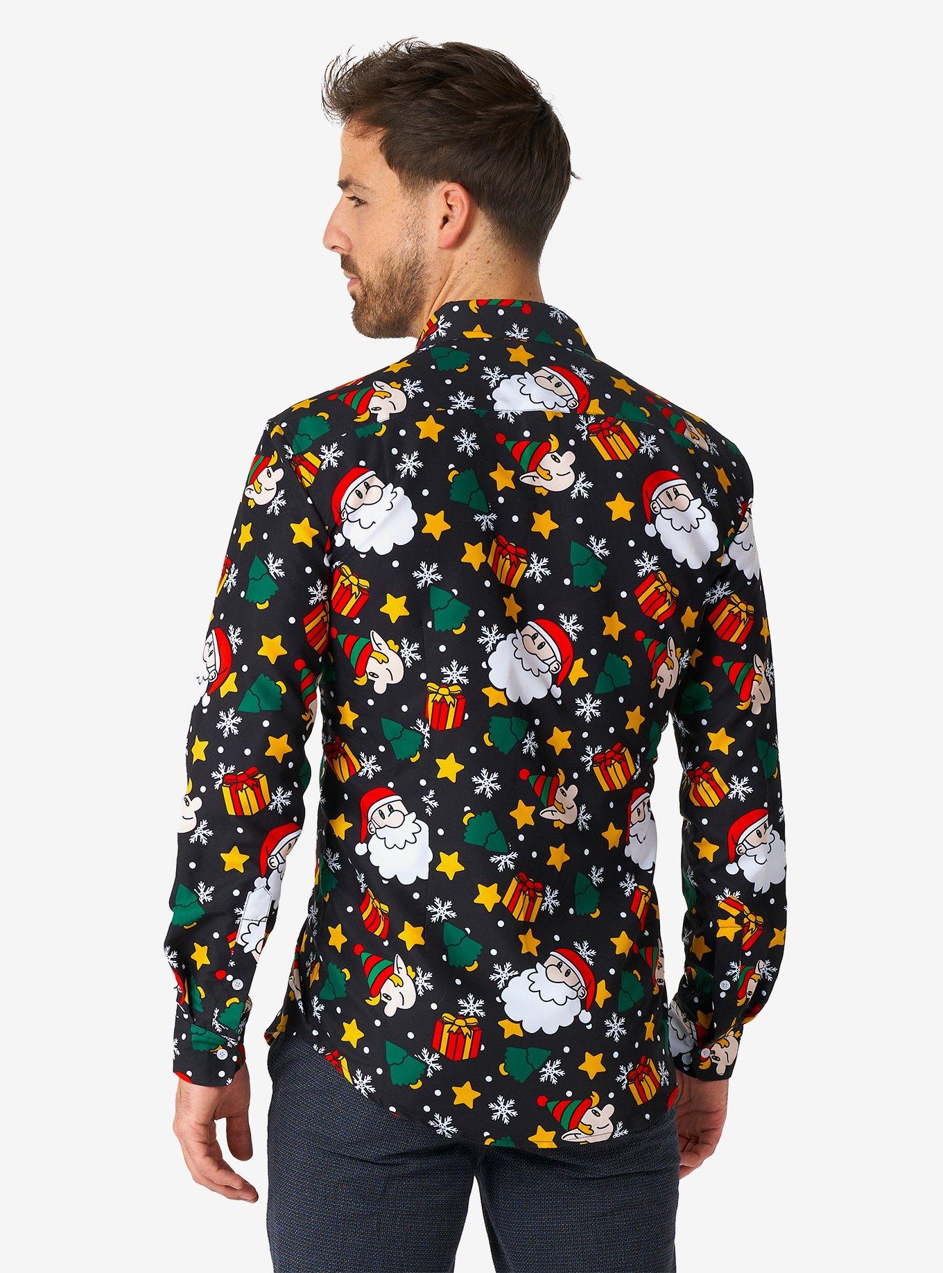 Santa Elves Black Long Sleeve Button-Up Shirt, BLACK, alternate