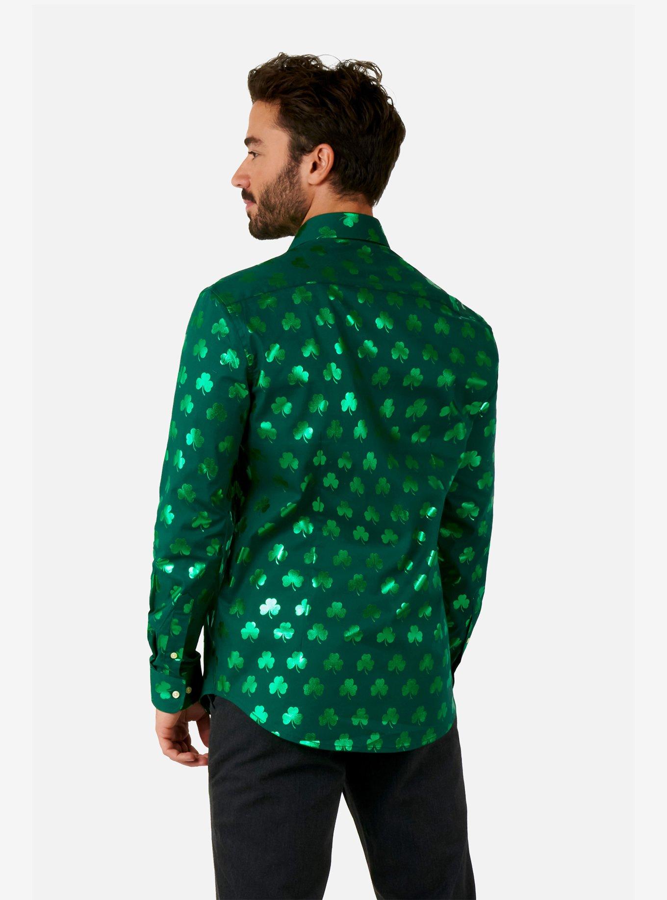 Shiny Shamrock Long Sleeve Button-Up Shirt, GREEN, alternate