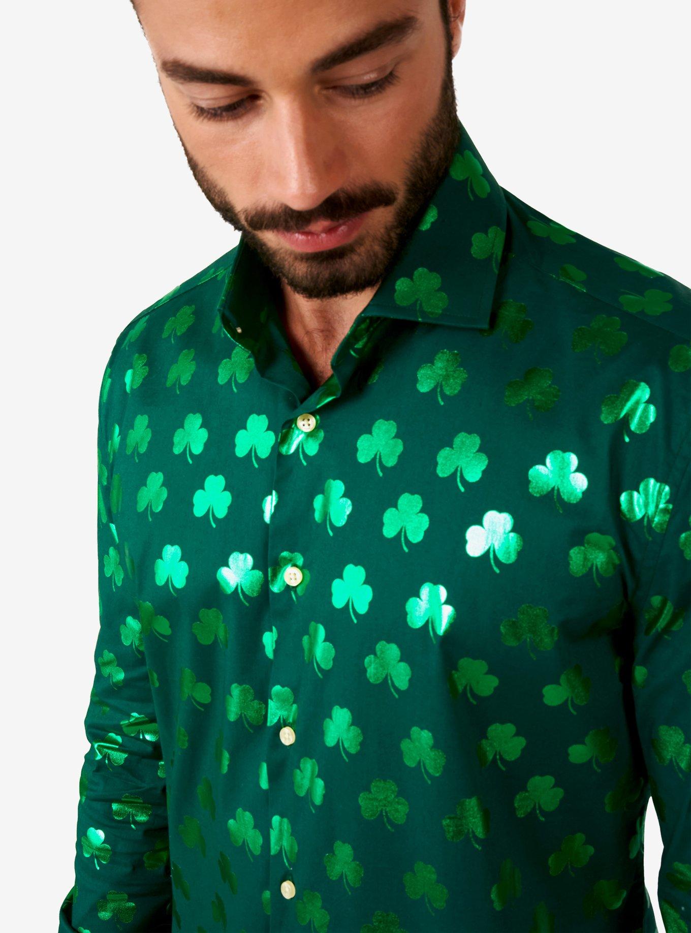 Shiny Shamrock Long Sleeve Button-Up Shirt, GREEN, alternate