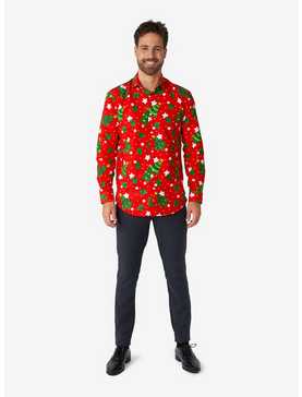 Christmas Trees Stars Red Long Sleeve Button-Up Shirt, , hi-res