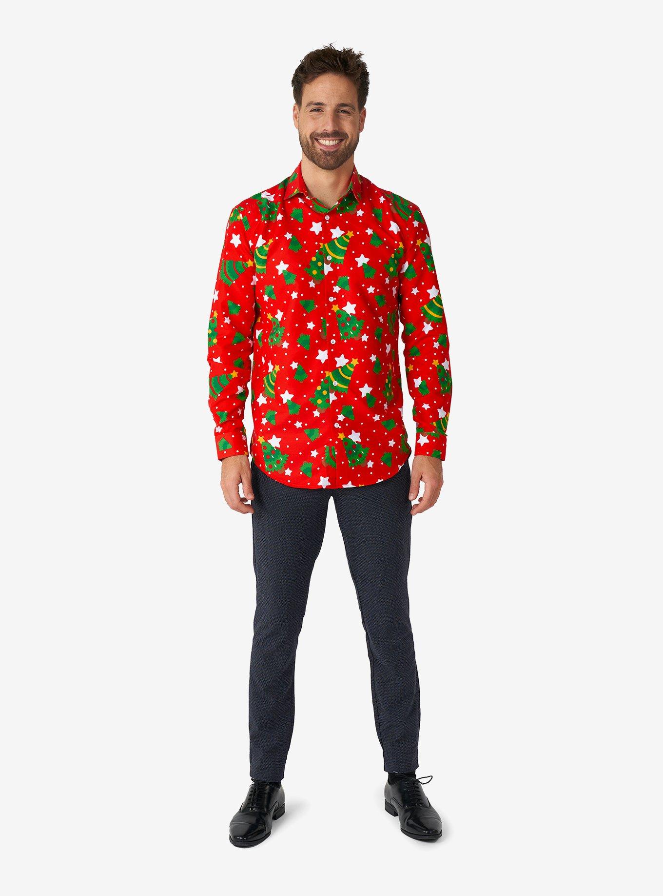 Christmas Trees Stars Red Long Sleeve Button-Up Shirt, , hi-res