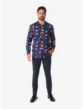 Christmas Icons Blue Long Sleeve Button-Up Shirt, , hi-res