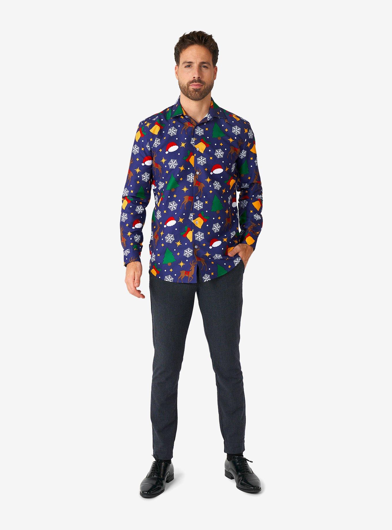 Christmas Icons Blue Long Sleeve Button-Up Shirt, BLUE, alternate