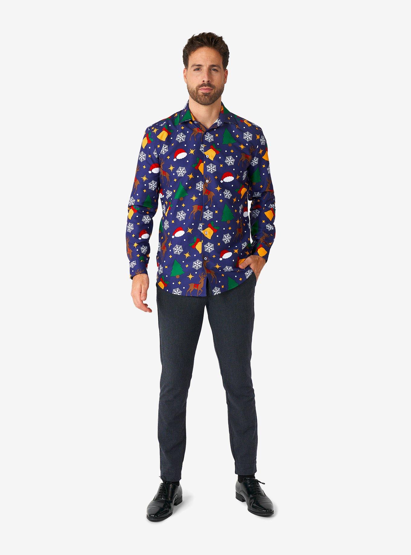 Christmas Icons Blue Long Sleeve Button-Up Shirt, , hi-res