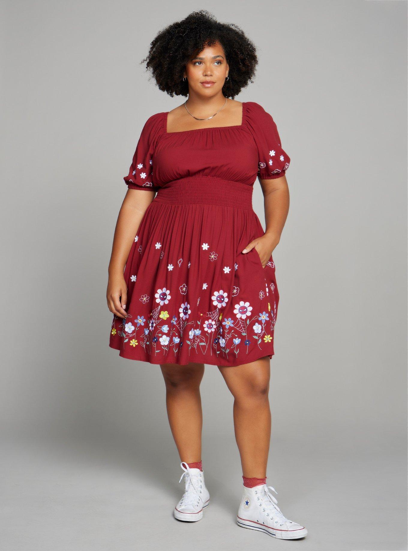 Marvel Spider-Man Floral Plus Size Smock Dress - BoxLunch Exclusive, BURGUNDY, alternate